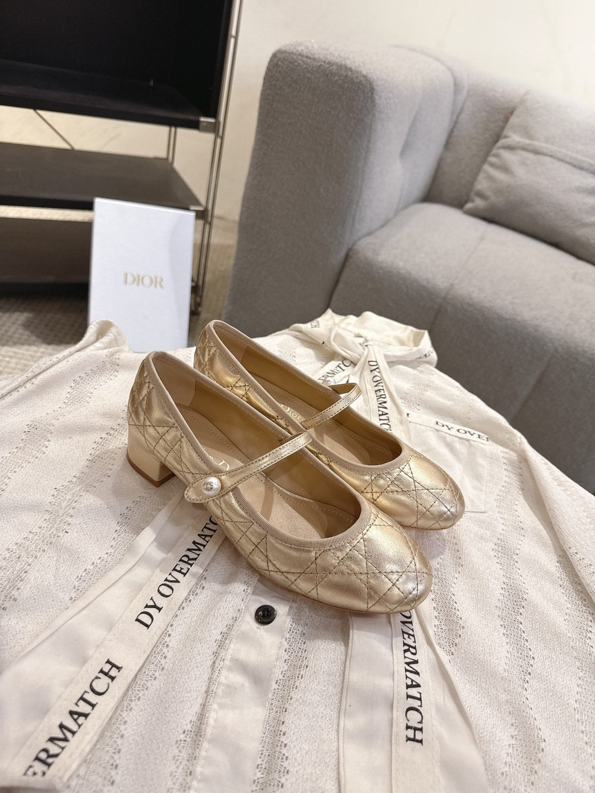 Dior 26s Mary Jane Pumps Gold Lambskin Pearl-Adorned Strap
