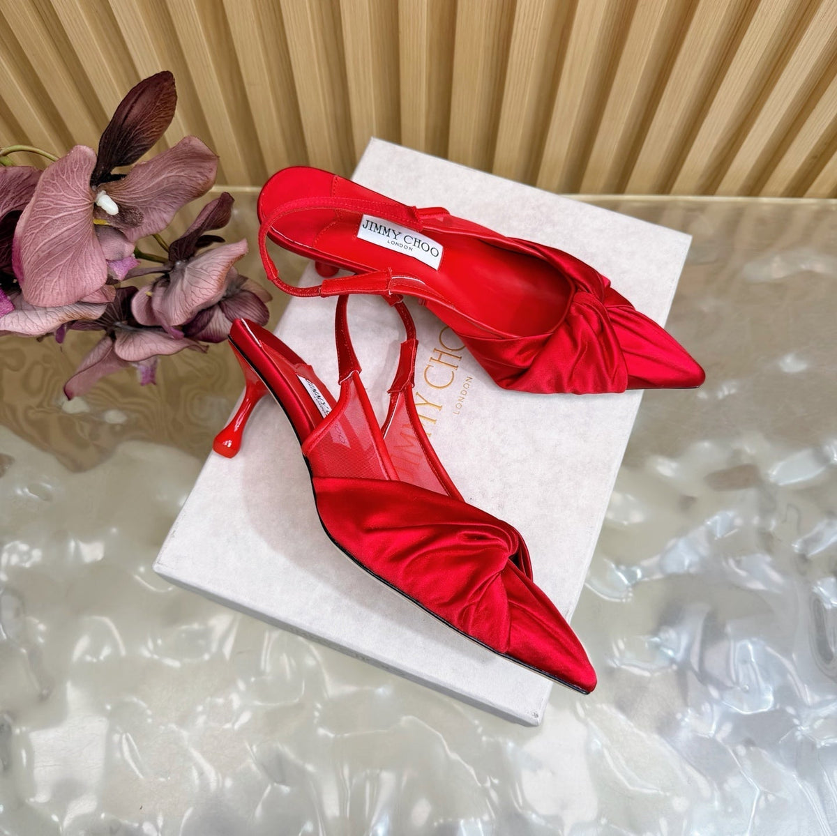 Jimmy Choo 26S Slingback Heels 6.0cm Red Satin With Knot Detail 491375