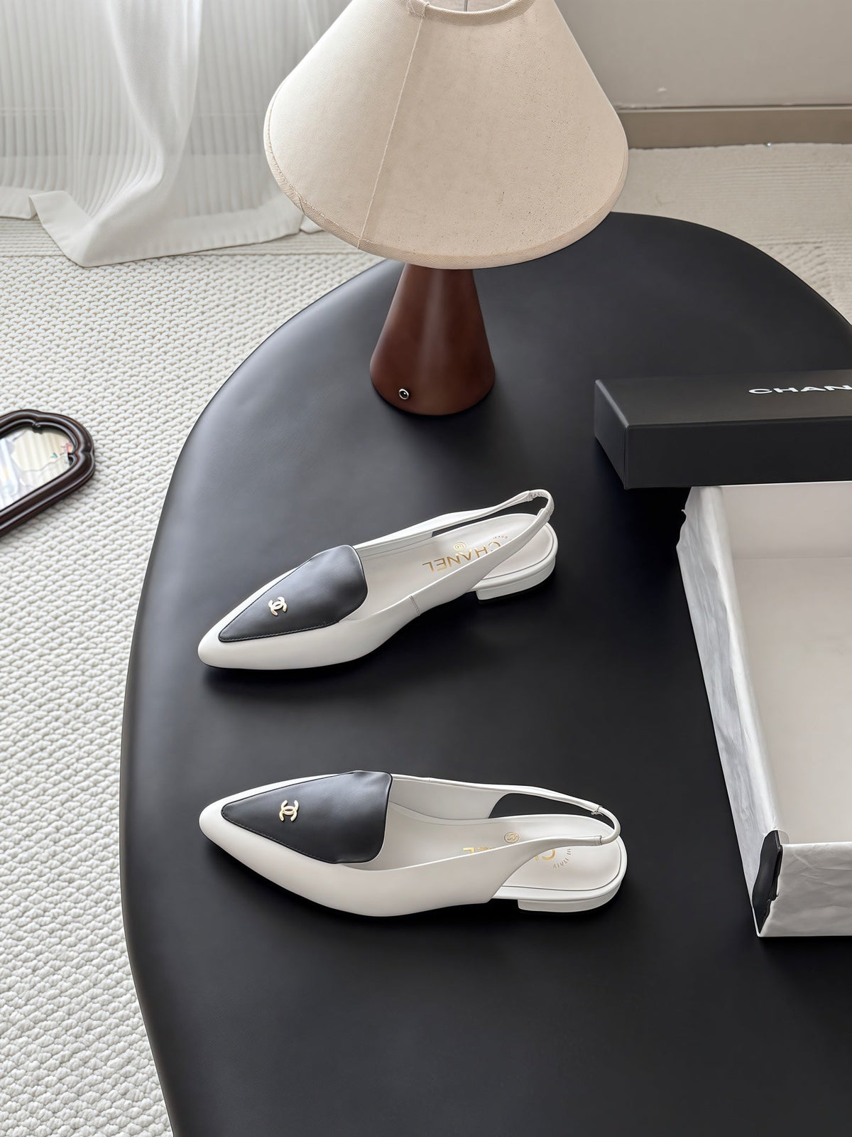 Chanel 26s Slingback Flat Black White Calfskin