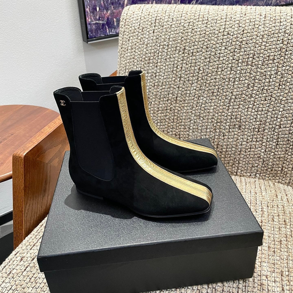 Chanel 26s Ankle Boots Black Suede Contrasting Gold Tone Trim