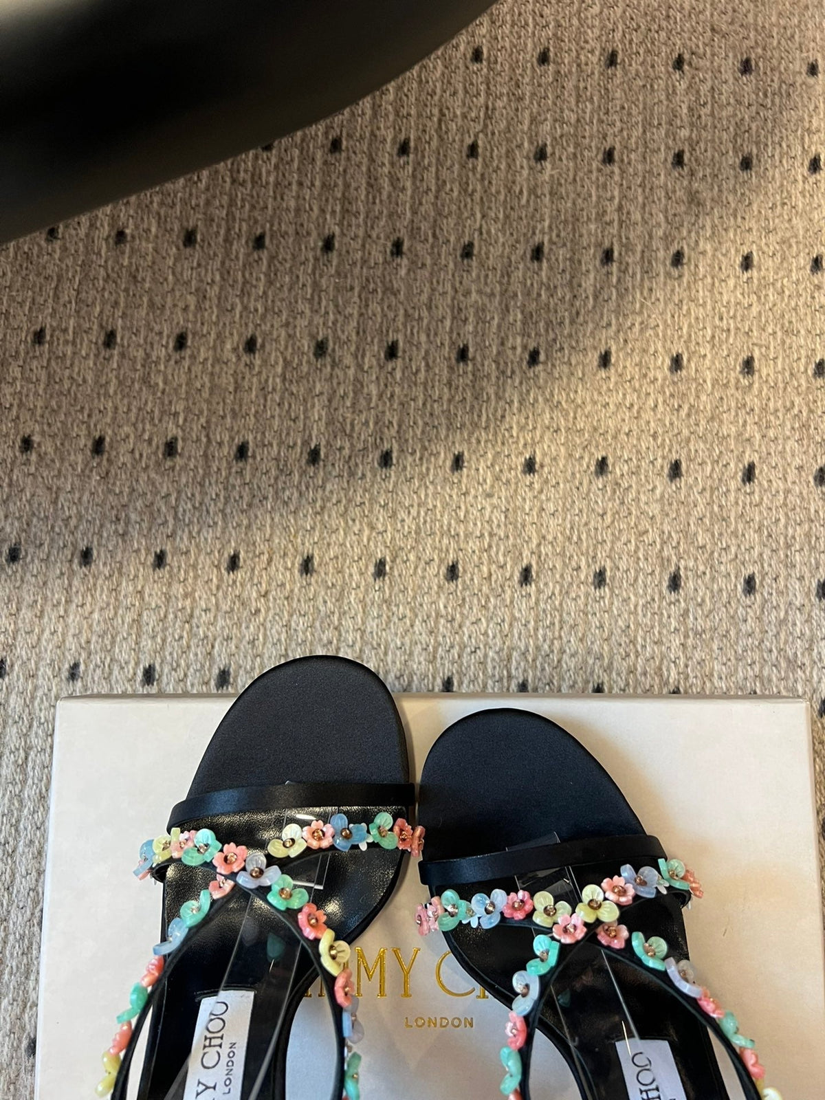 Jimmy Choo 26S Floral Heel Sandals 8.5cm Black Satin And Lambskin 524193
