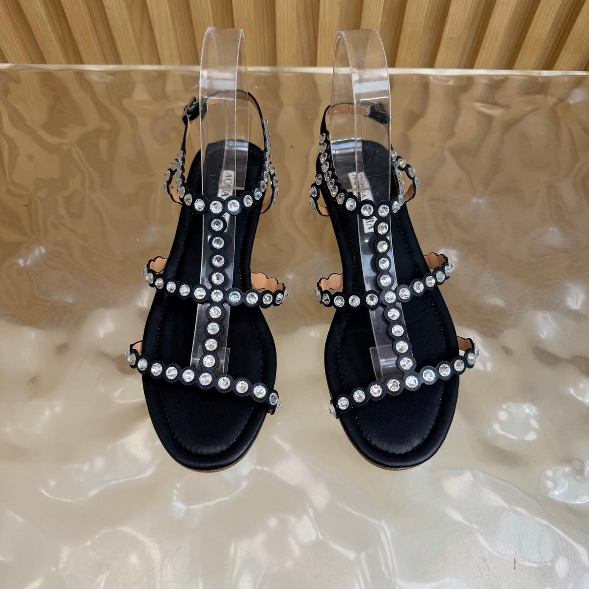 Aquazzura 26s Flat Sandals Black Calfskin Crystal Embellished 839514
