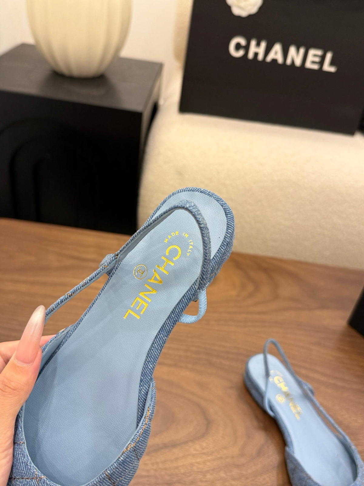Chanel 26s Slingback Pumps Blue Denim Pointed Toe