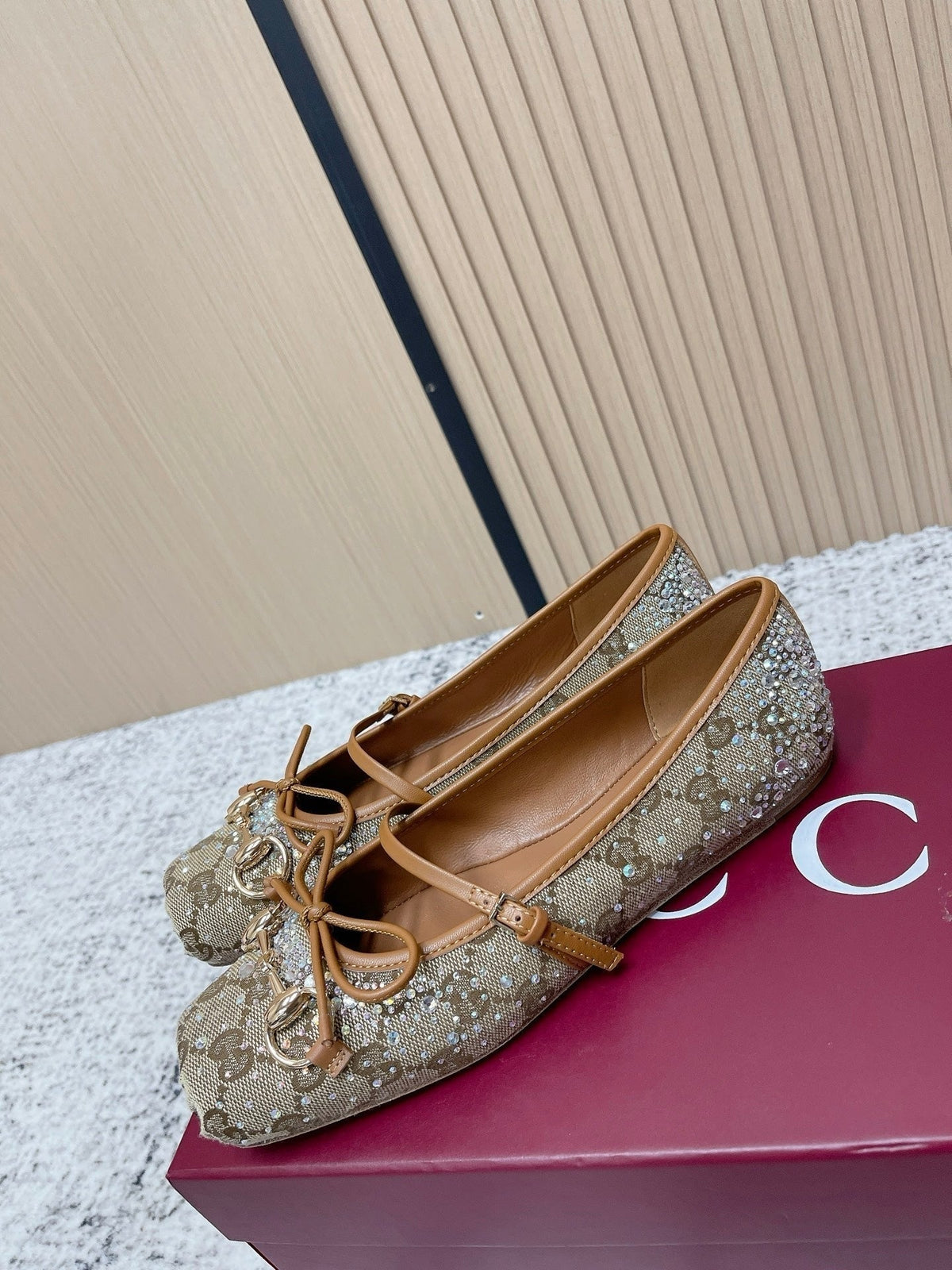 Gucci 26S Ballet Flats In Dark Beige Canvas With Crystals