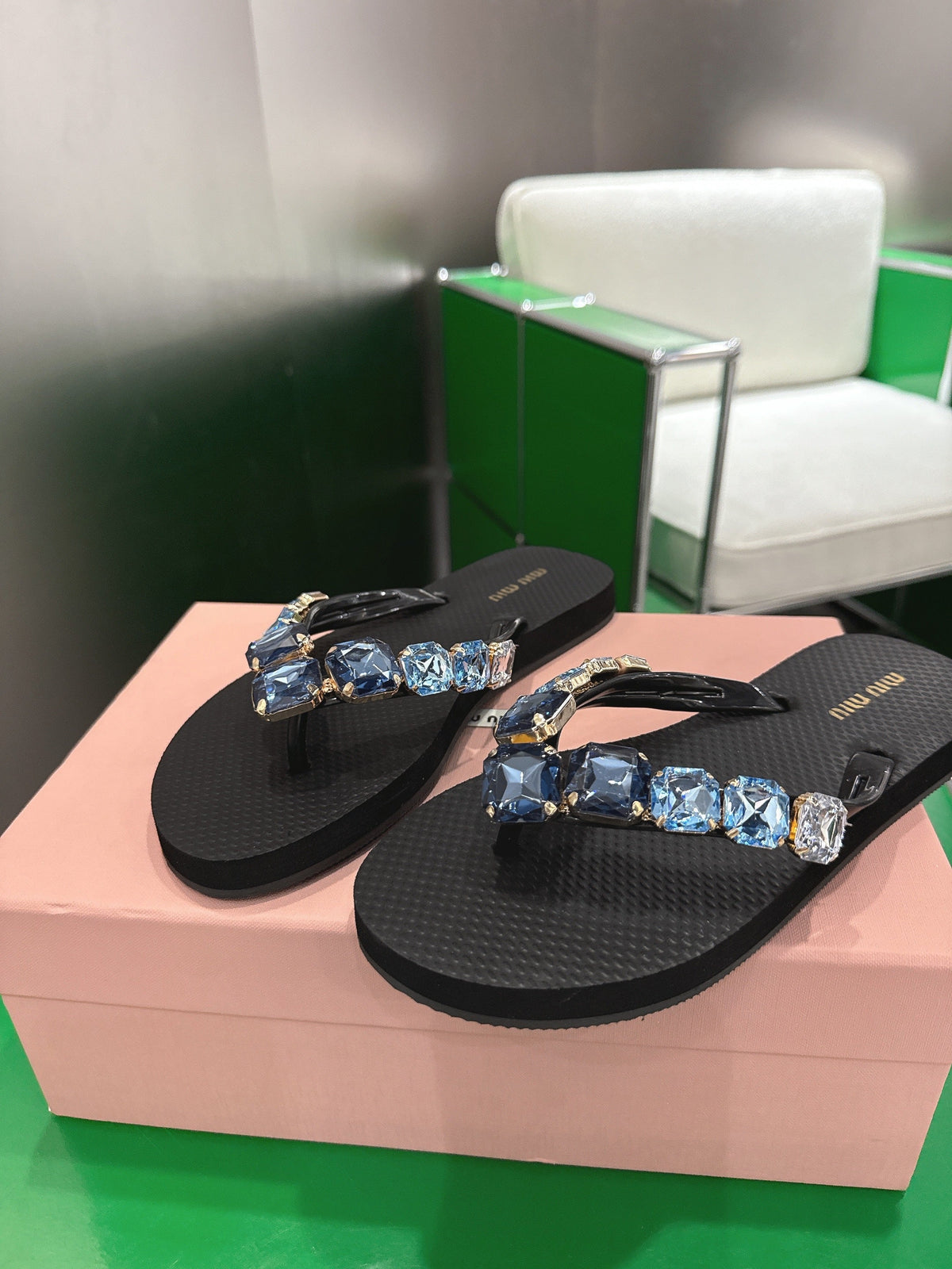 Miumiu 26s Thong Sandals Black Eva Blue Crystal-embellished