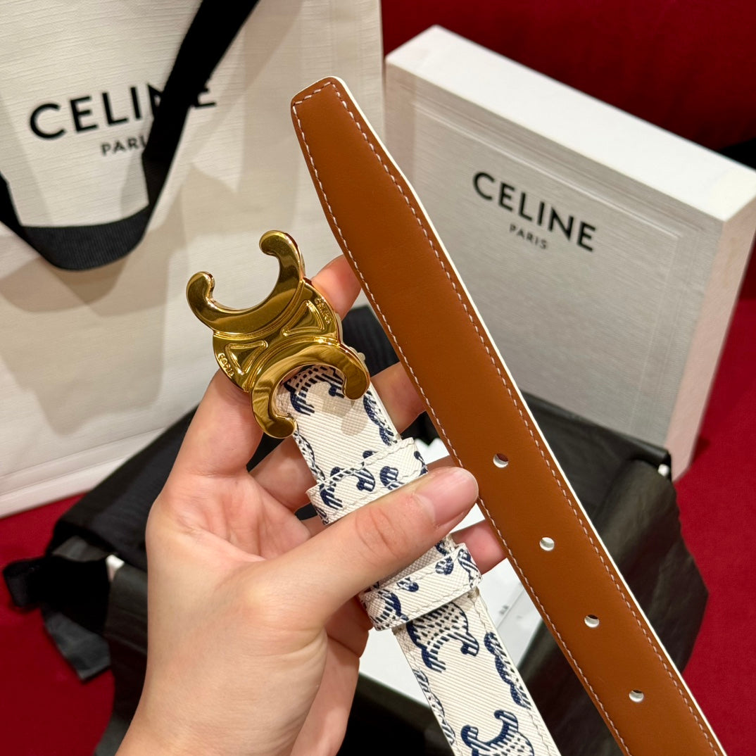 Celine 2026 Triomphe Monogram Belt 25mm White Blue Leather
