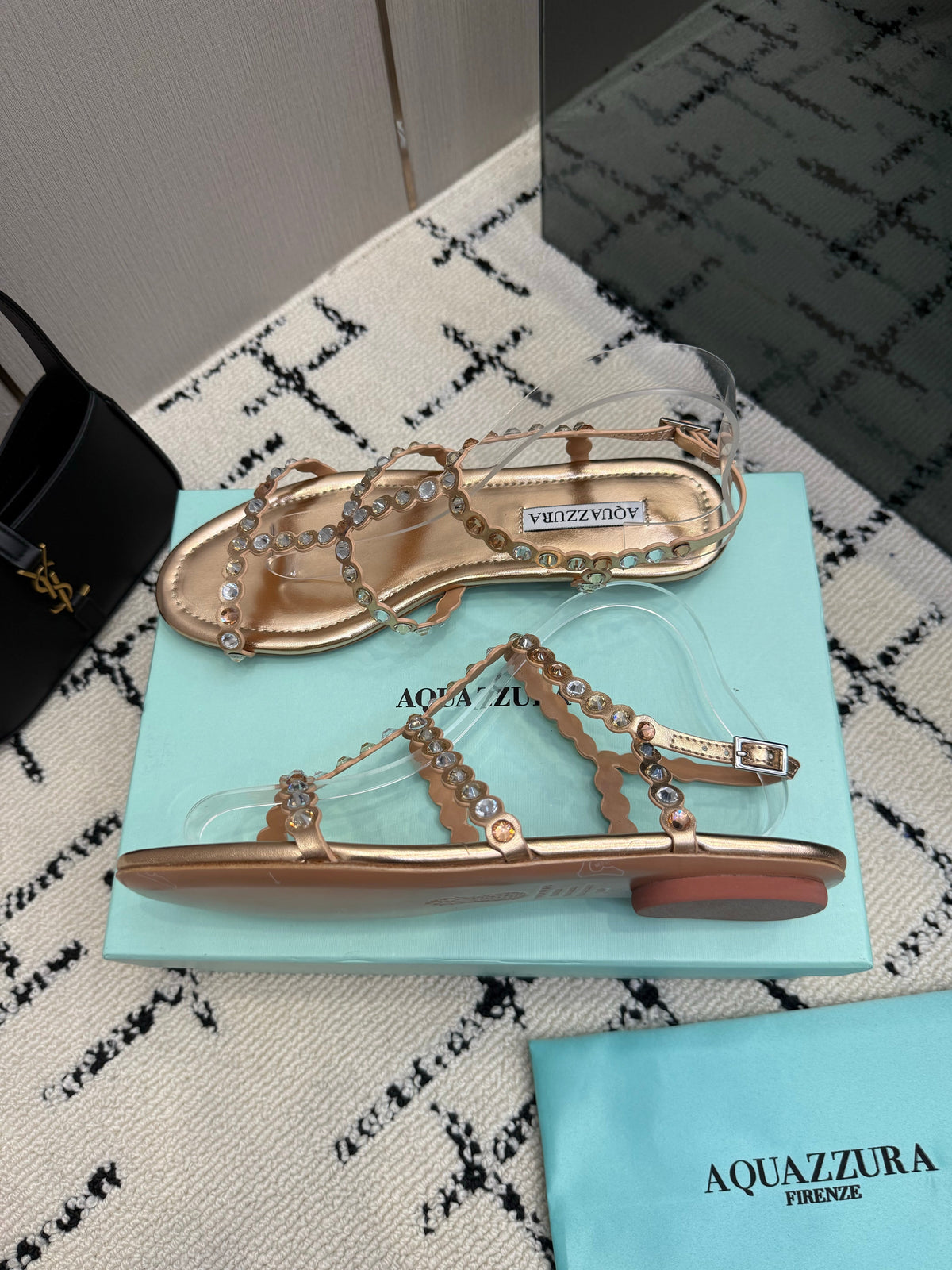Aquazzura 26s Flat Sandals Rose Gold Lambskin Crystal-Embellished 719405