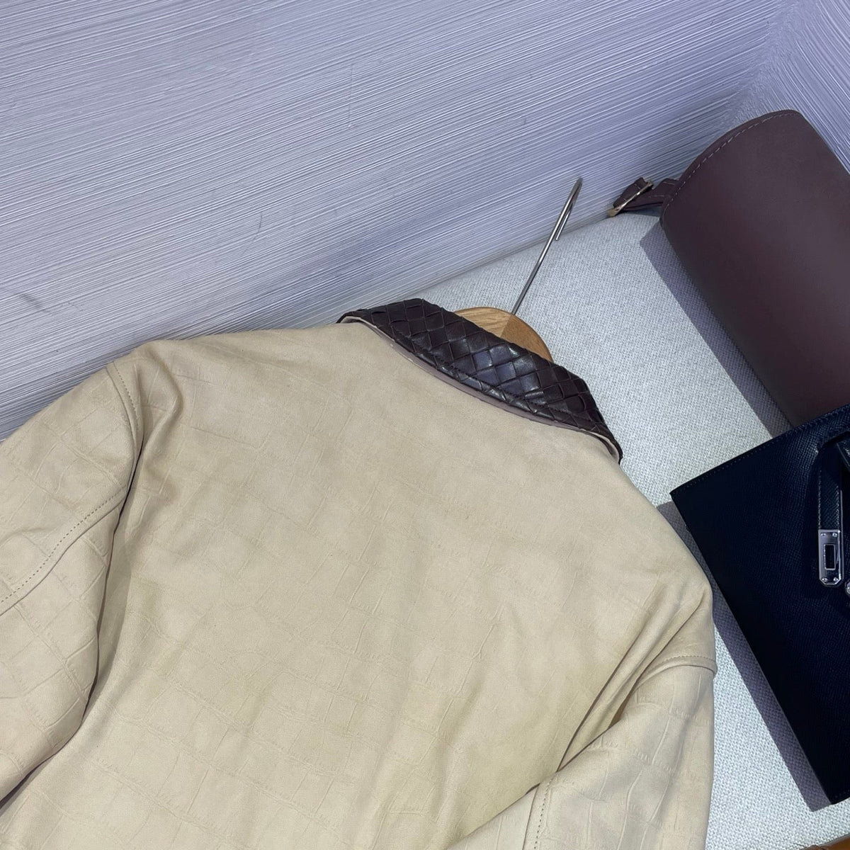 Bottega Veneta 2026 Crocodile Embossed Jacket Light Beige Leather 425329