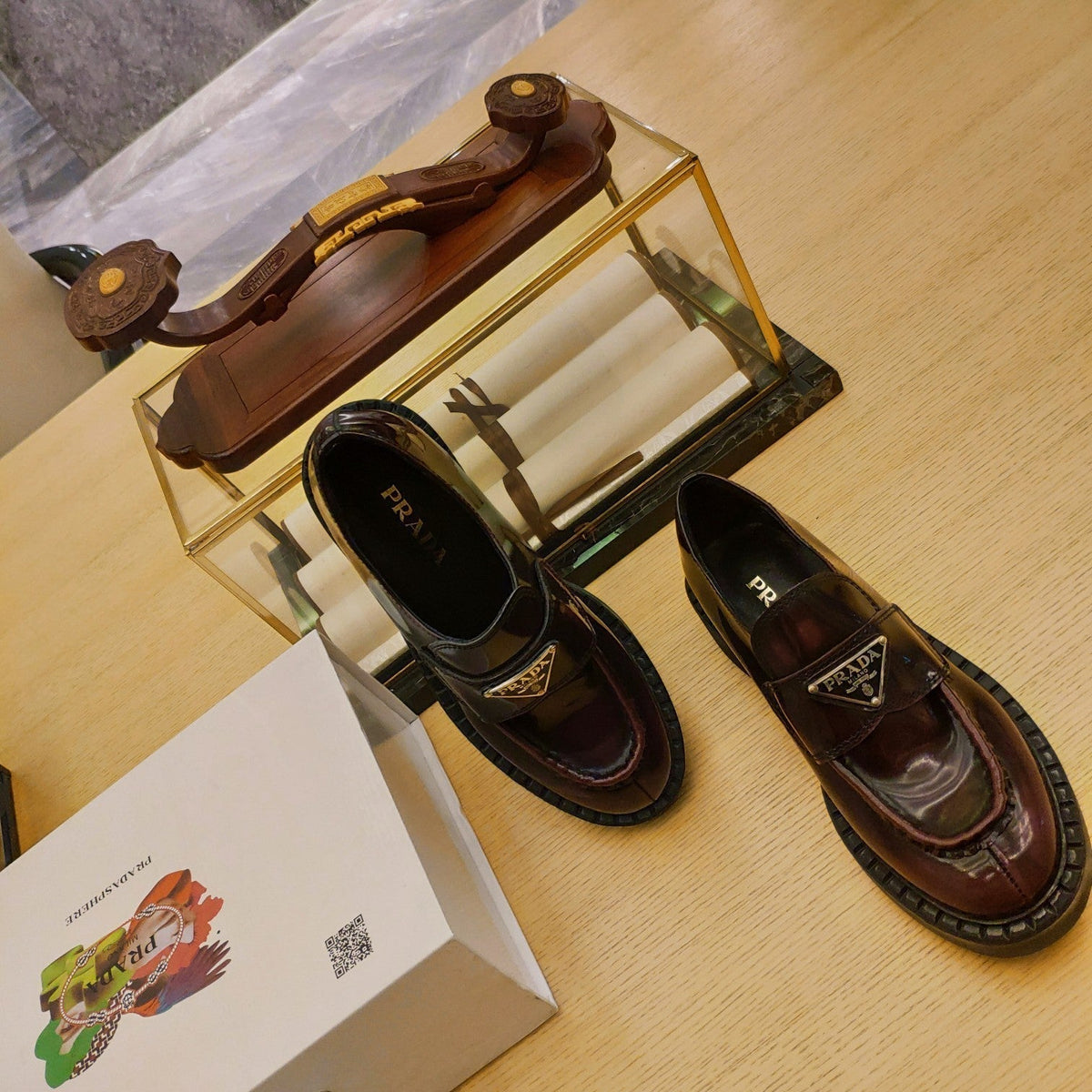 Prada 26S Penny Loafers 55mm Burgundy Red Patent Calfskin