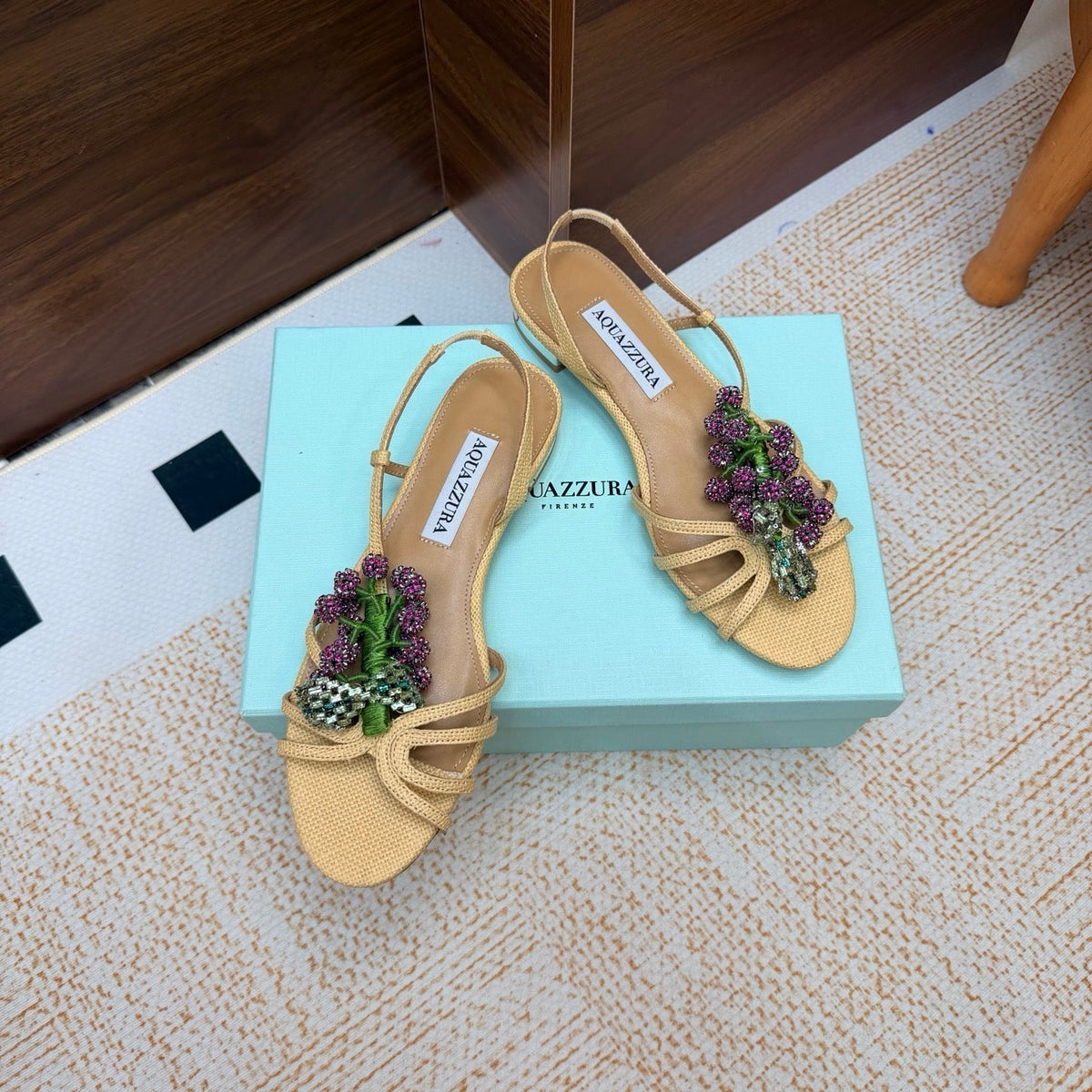 Aquazzura 26s Crystal Sandals Beige Fabric 618493