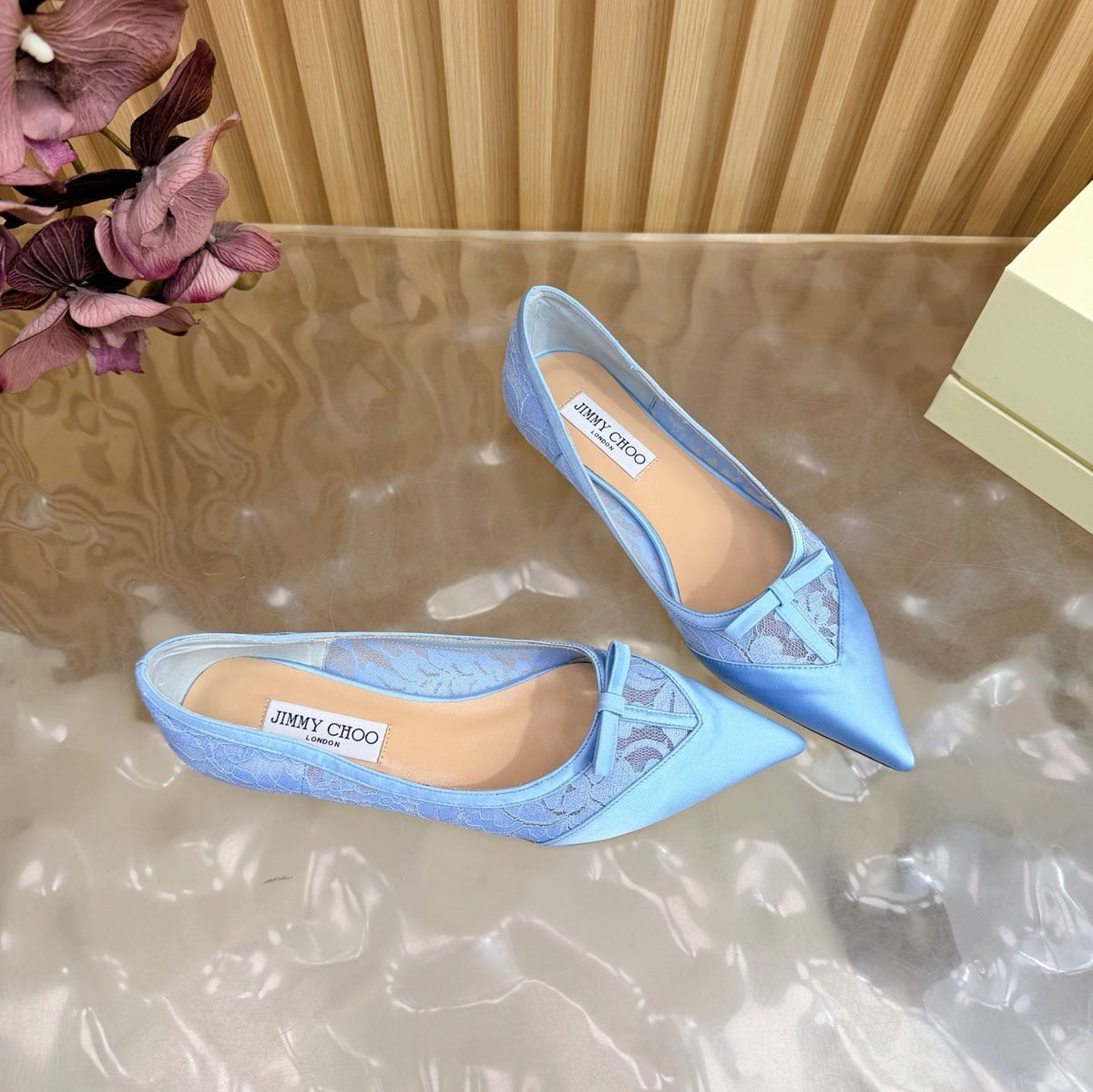 Jimmy Choo 26S Flats Sky Blue Lace And Satin 914835