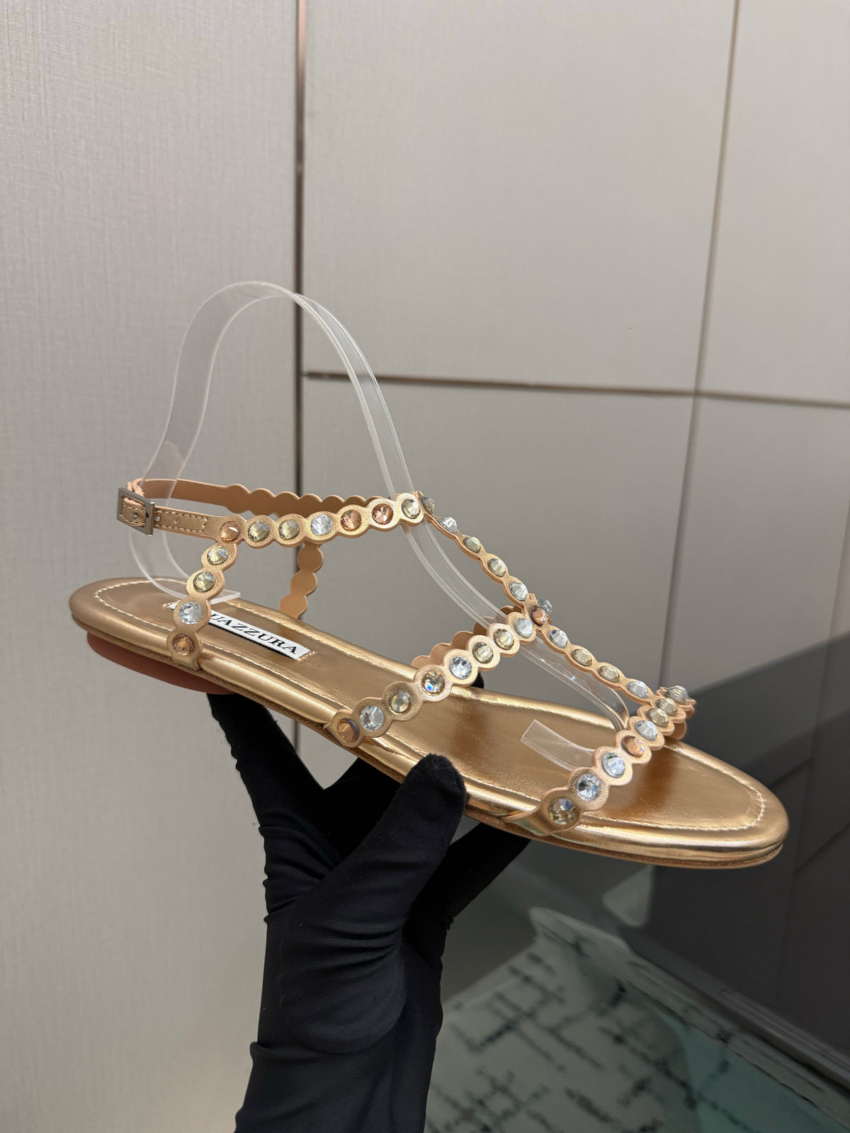 Aquazzura 26s Flat Sandals Rose Gold Lambskin Crystal-Embellished 719405