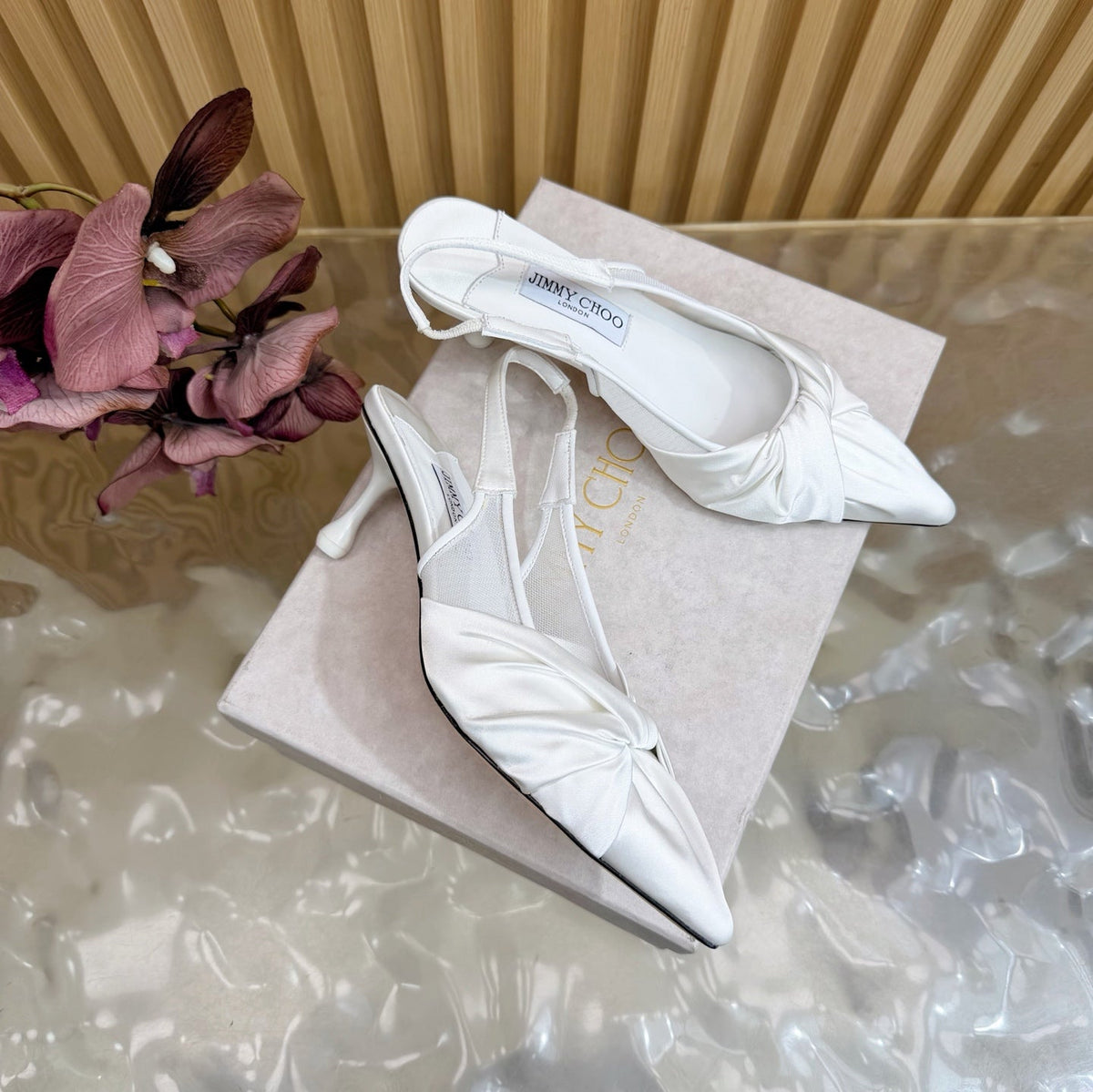 Jimmy Choo 26S Slingback Heels 6.0cm White Satin With Knot Detail 715934