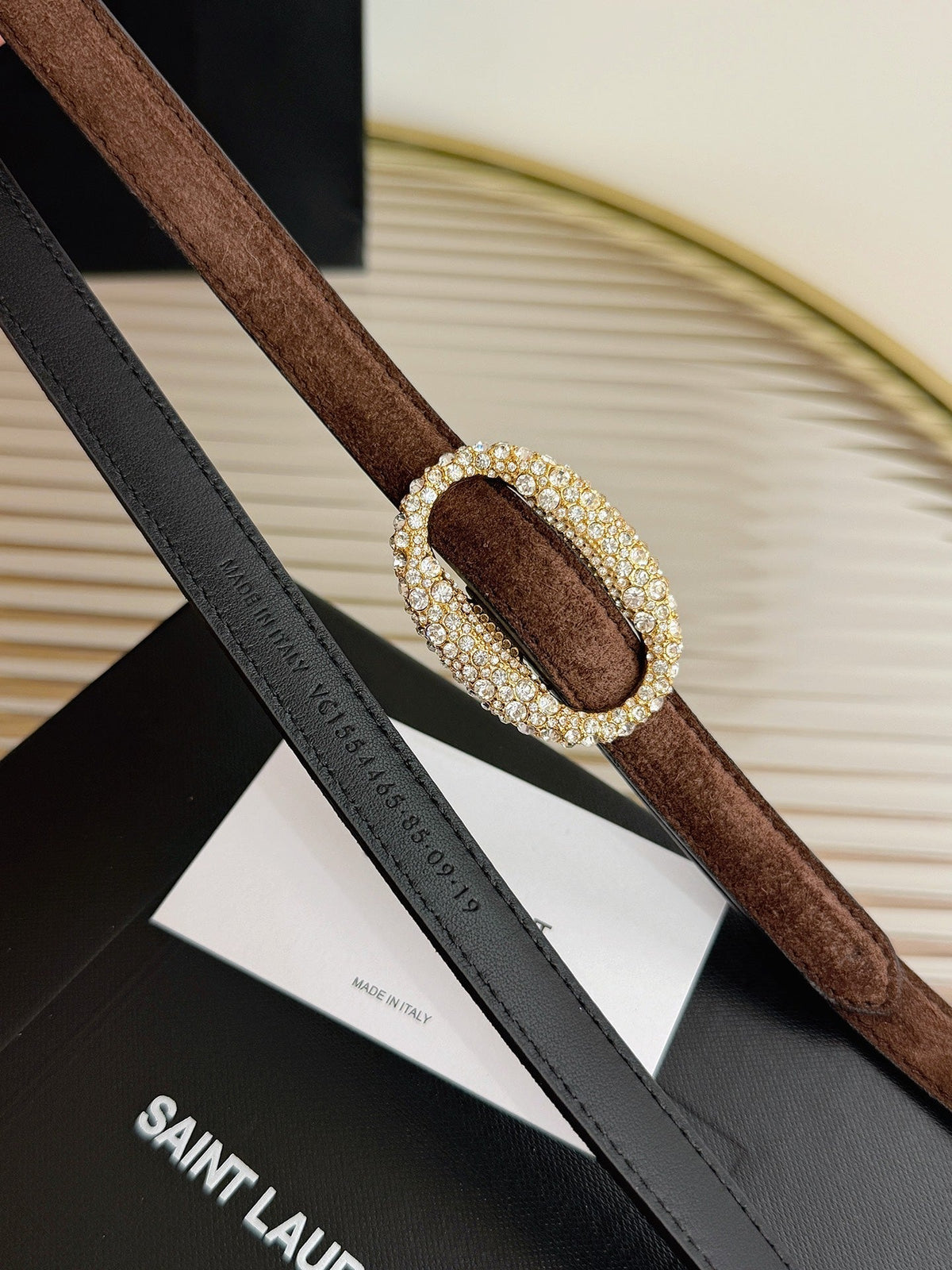 Saint Laurent 2026 Oval Belt 15mm Brown Suede 219134