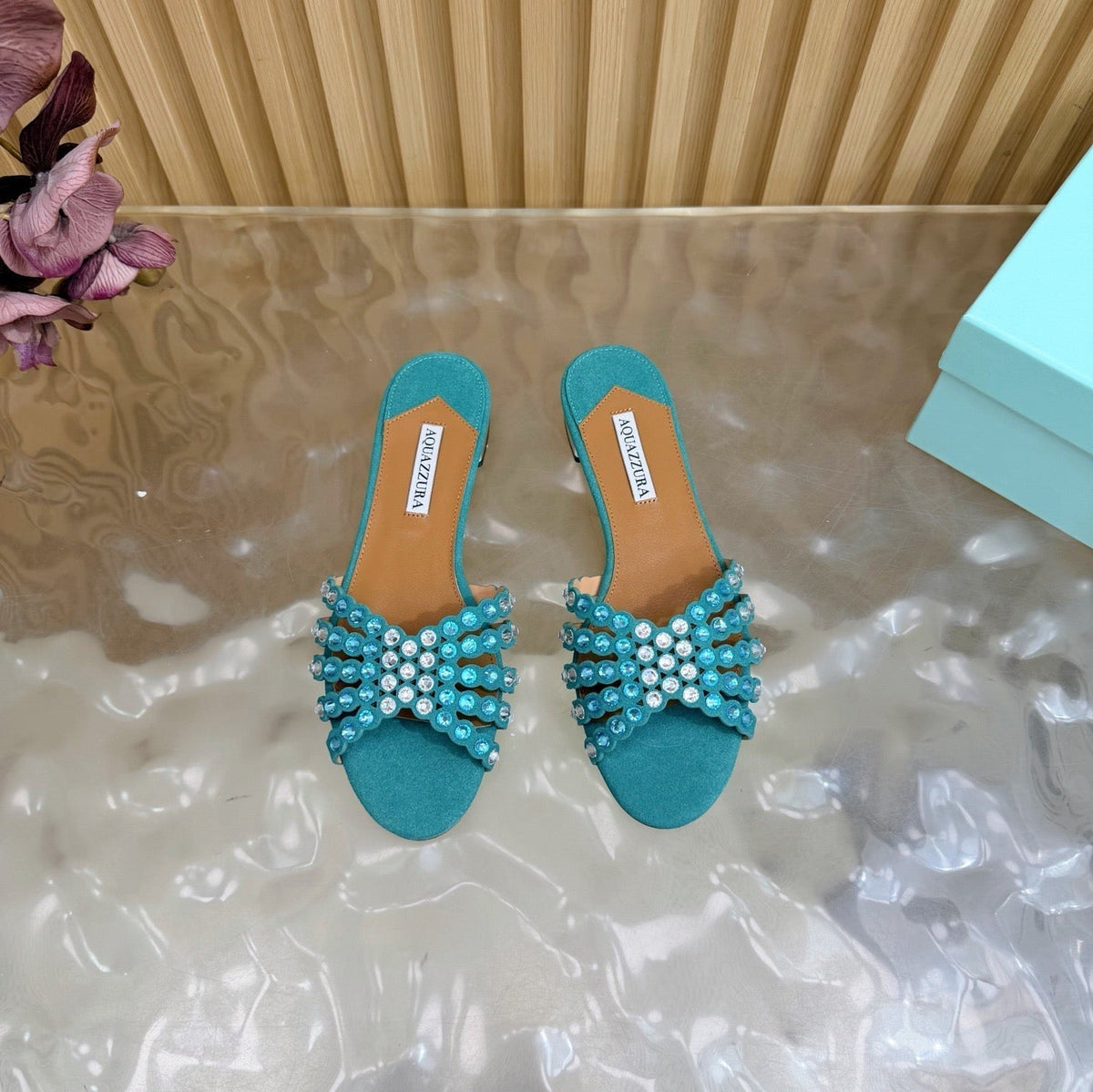Aquazzura 26s Slides Emerald Green Suede Crystal-Embellished Straps 629154