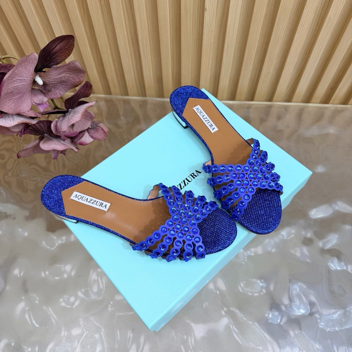 Aquazzura 26s Slides Navy Blue Lurex Fabric 614932