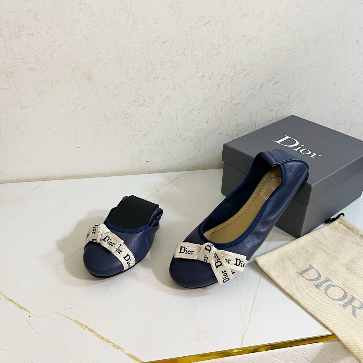 Dior 26s Bow Ballet Flats Navy Blue Calfskin