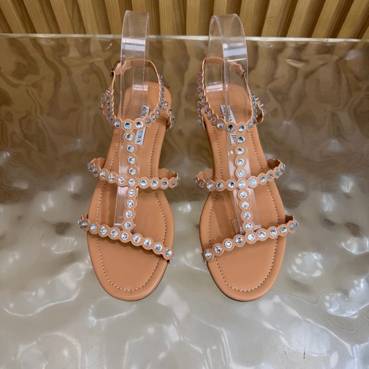 Aquazzura 26s Flat Sandals Nude Calfskin Crystal Embellished 582419
