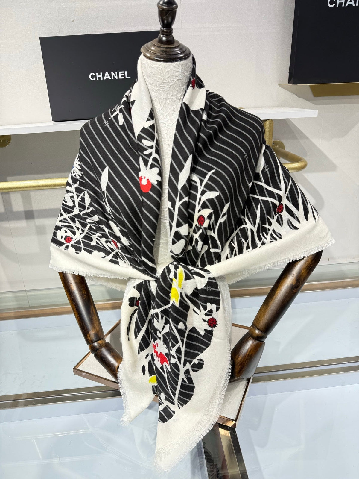 Chanel 2026 Floral Square Scarf 140cm Black Cashmere Silk 218856