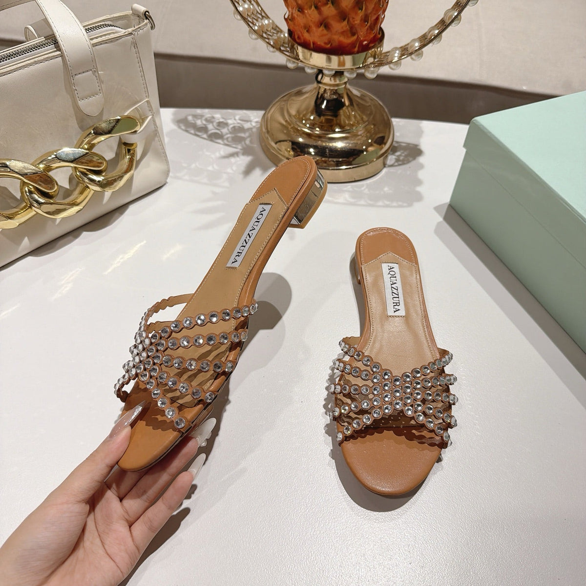 Aquazzura 26s Slides Light Brown Lambskin Crystal Embellished 384029