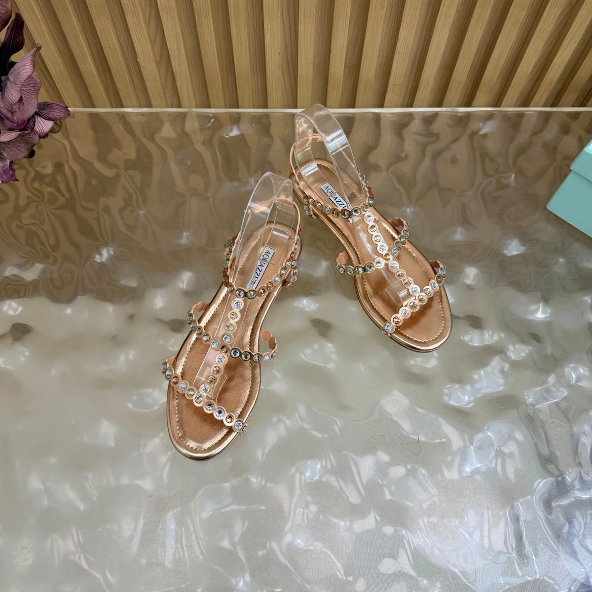 Aquazzura 26s Flat Sandals Rose Gold Calfskin Crystal Embellished 915402