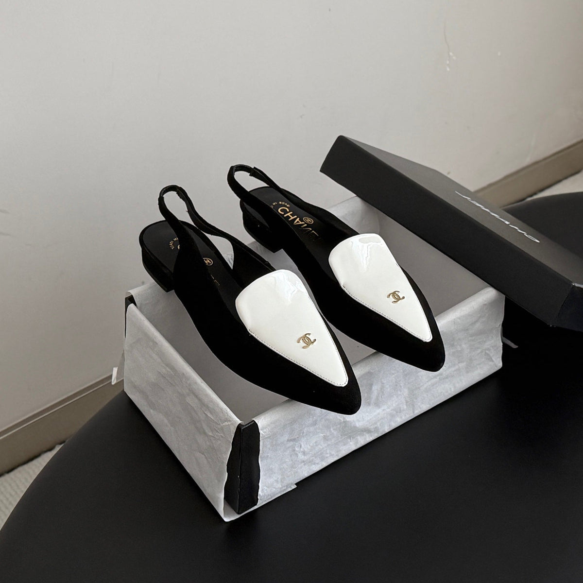 Chanel 26s Slingback Flat Black White Suede CC Logo