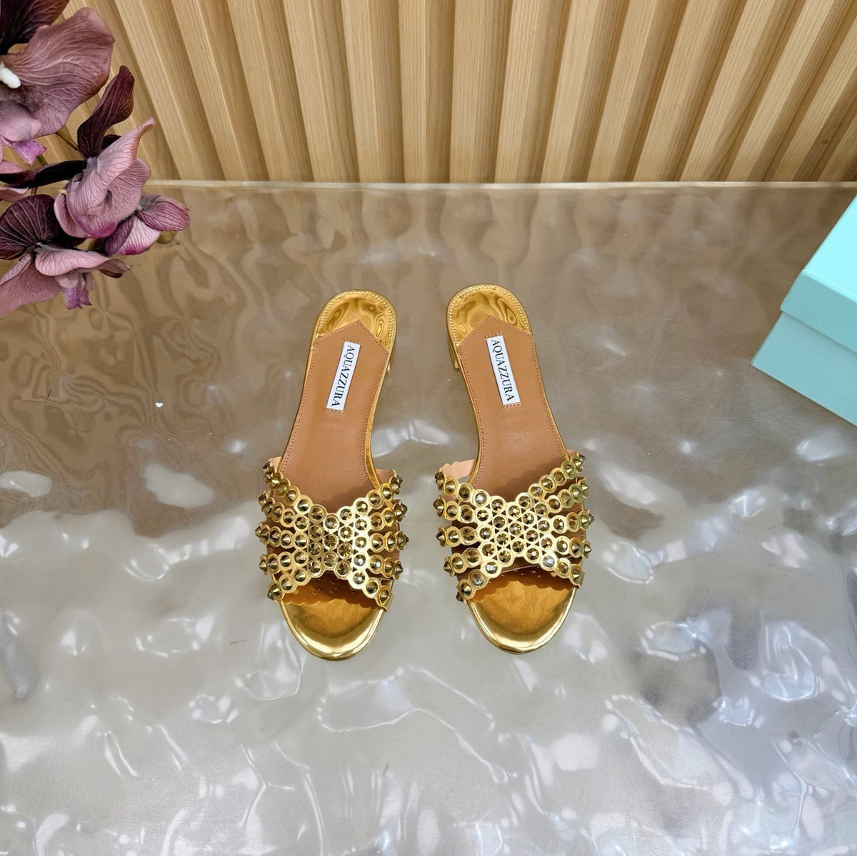 Aquazzura 26s Slides Metallic Gold Calfskin Crystal-Embellished Straps 604928