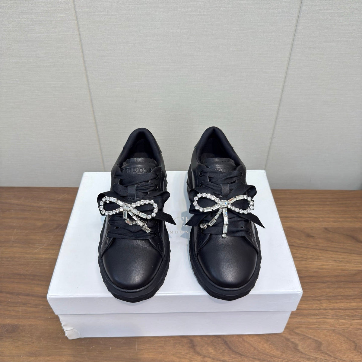 Jimmy Choo 26S Sneakers 5.5cm Black Calfskin With Crystal Bow 472915