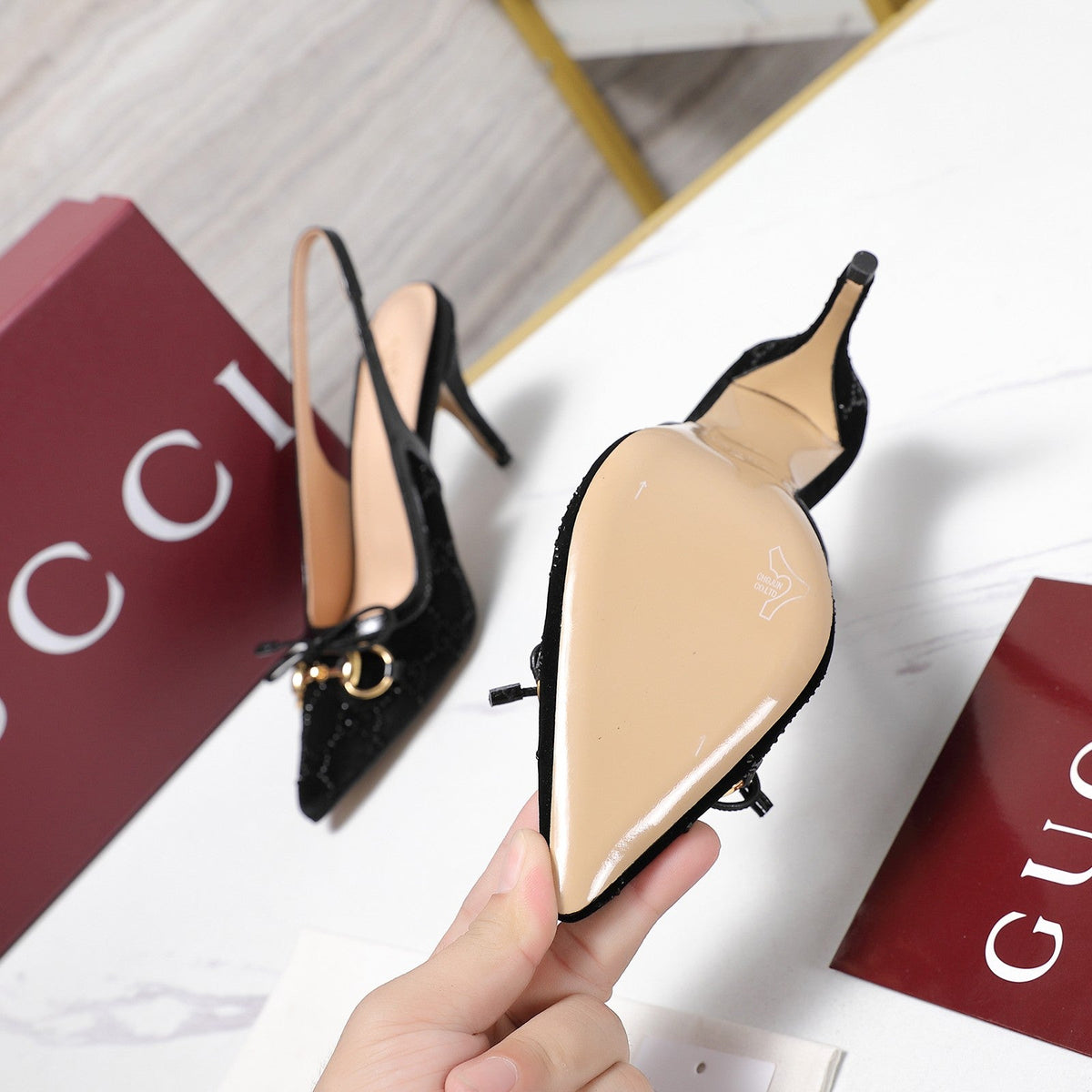 Gucci 26s Slingback Pumps 10cm Black Velvet Gold Hardware With Bow