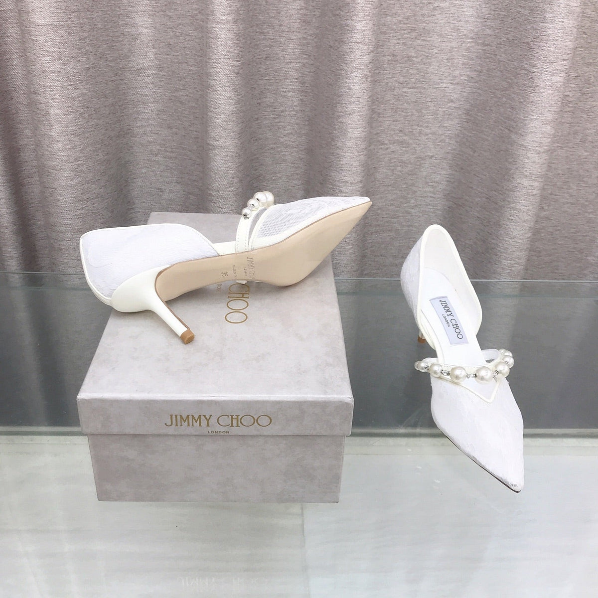 Jimmy Choo 26S High Heels 6.5cm White Lace Pearl-Embellished 714936