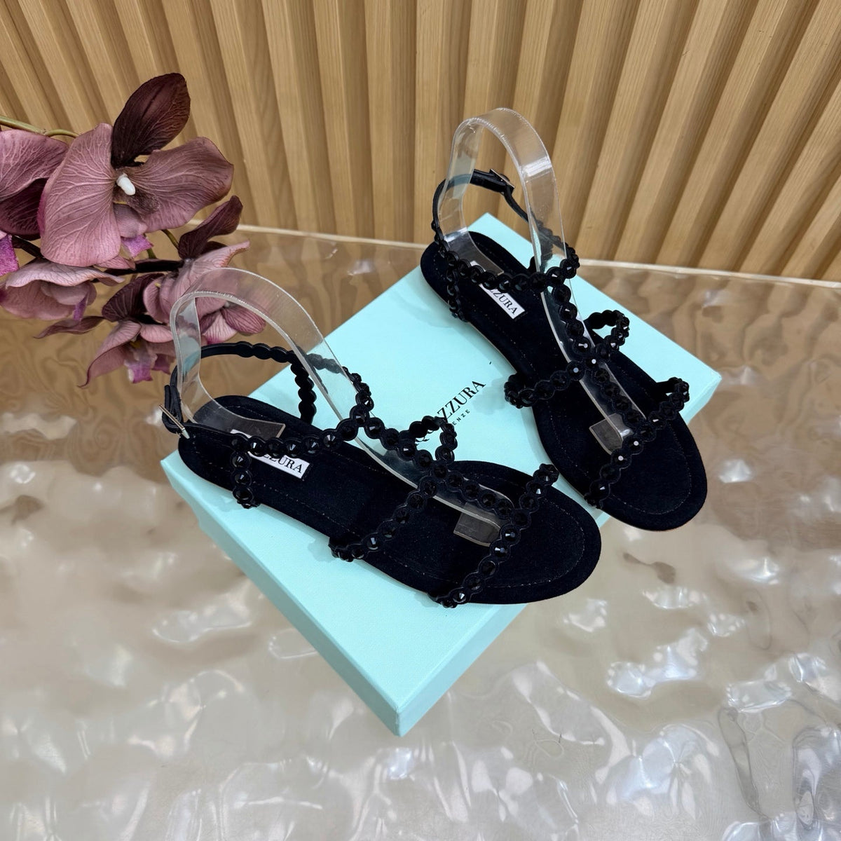 Aquazzura 26s Flat Sandals Black Suede Crystal Embellished 294817