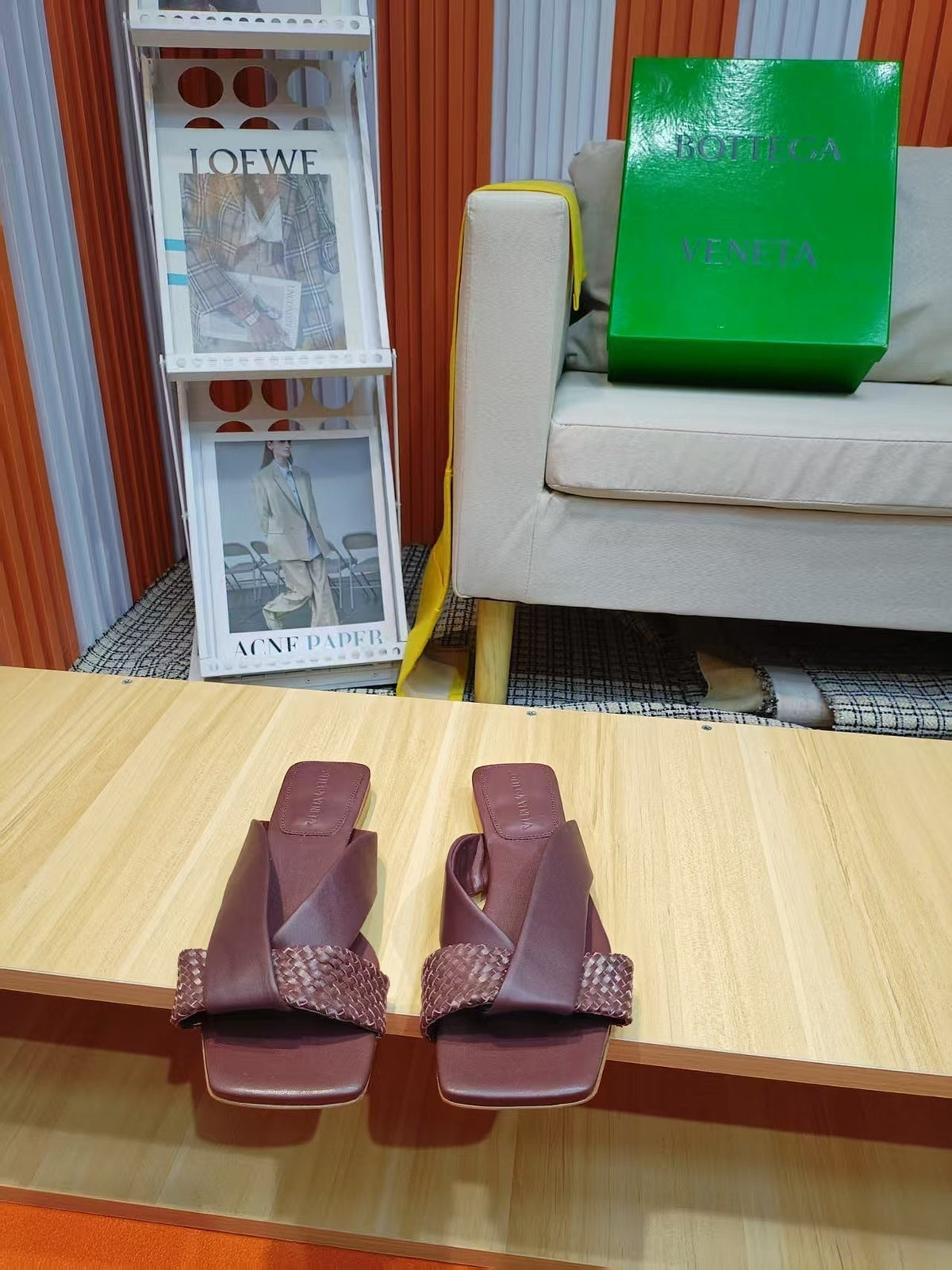 BV Riva Sandals Flat Woven Burgundy Leather 139878