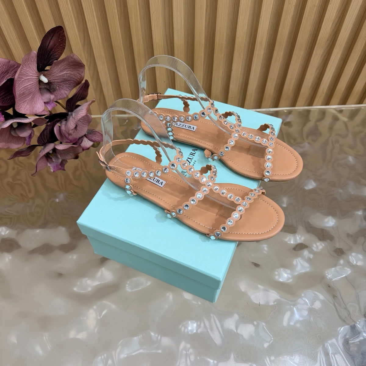 Aquazzura 26s Flat Sandals Nude Calfskin Crystal Embellished 582419