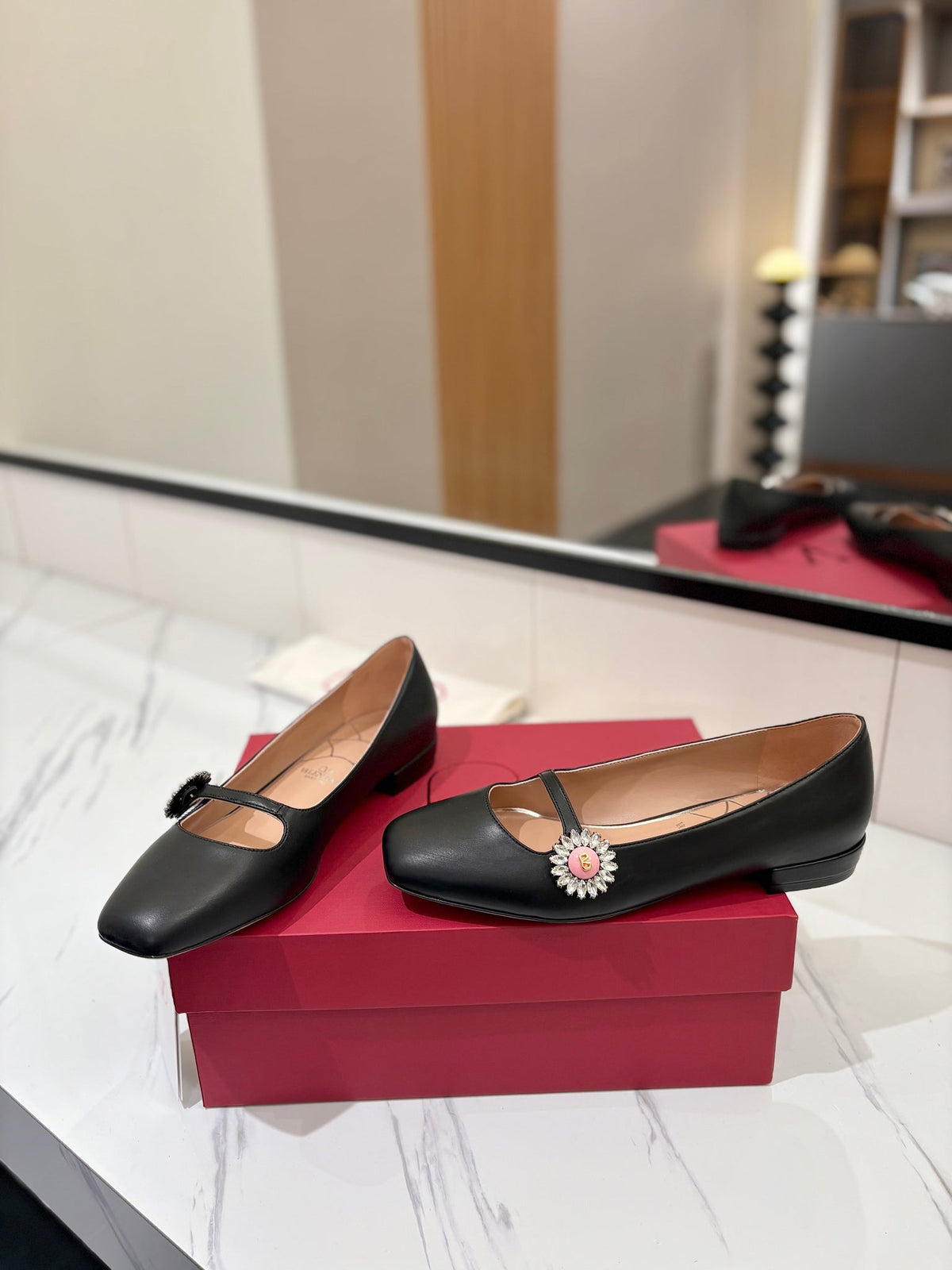 VLTN 26s Mary Jane Flats In Black Calfskin With Crystal Flower