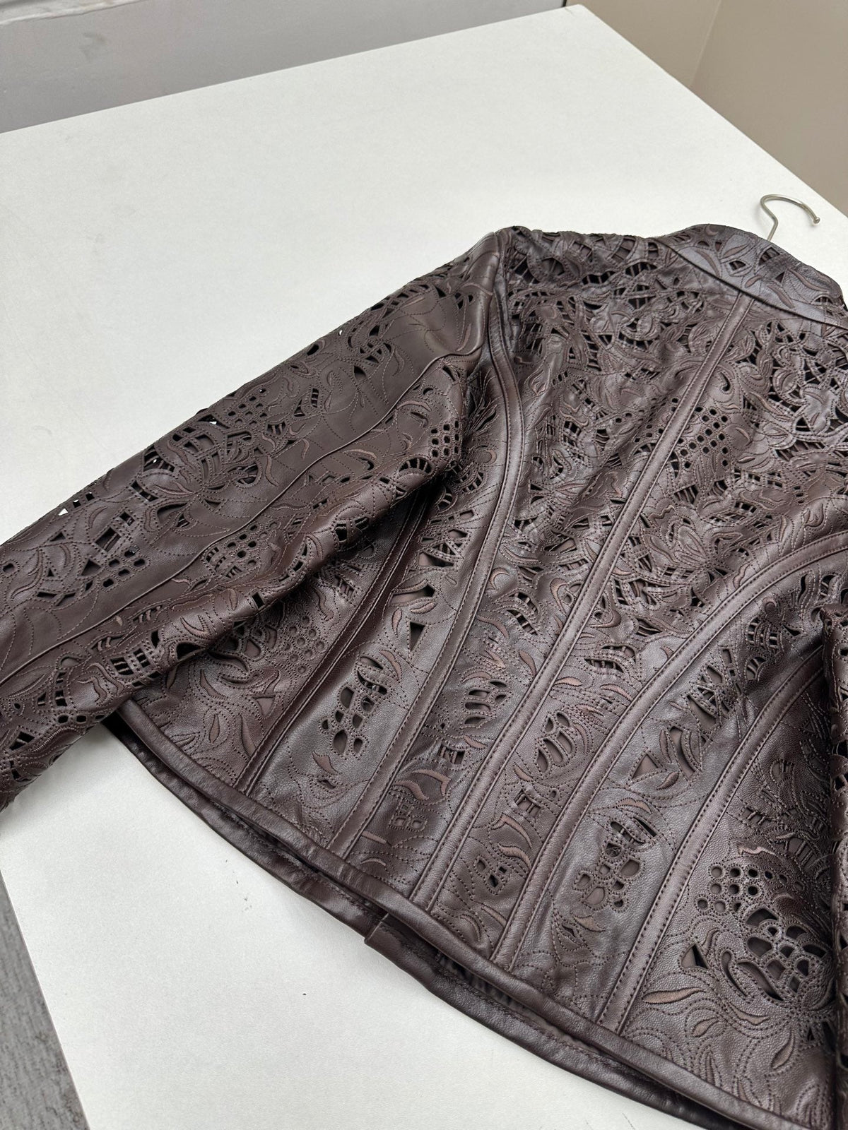 HM 26S Laser-Cut Lace Pattern Jacket Mock Collar Round Buttons Leather 435206