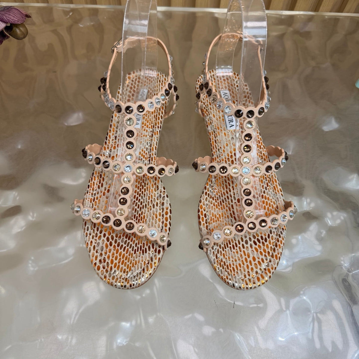 Aquazzura 26s Flat Sandals Beige Snakeskin Crystal Embellished 481953