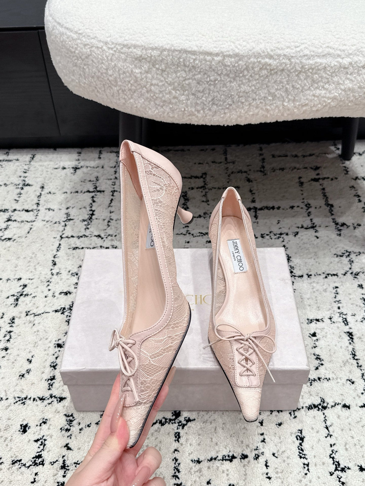 Jimmy Choo 26S Lace-Up High Heels 4.5cm Nude Pink Lace Fabric 719245