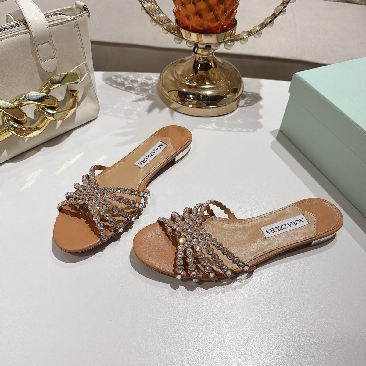 Aquazzura 26s Slides Light Brown Lambskin Crystal Embellished 384029