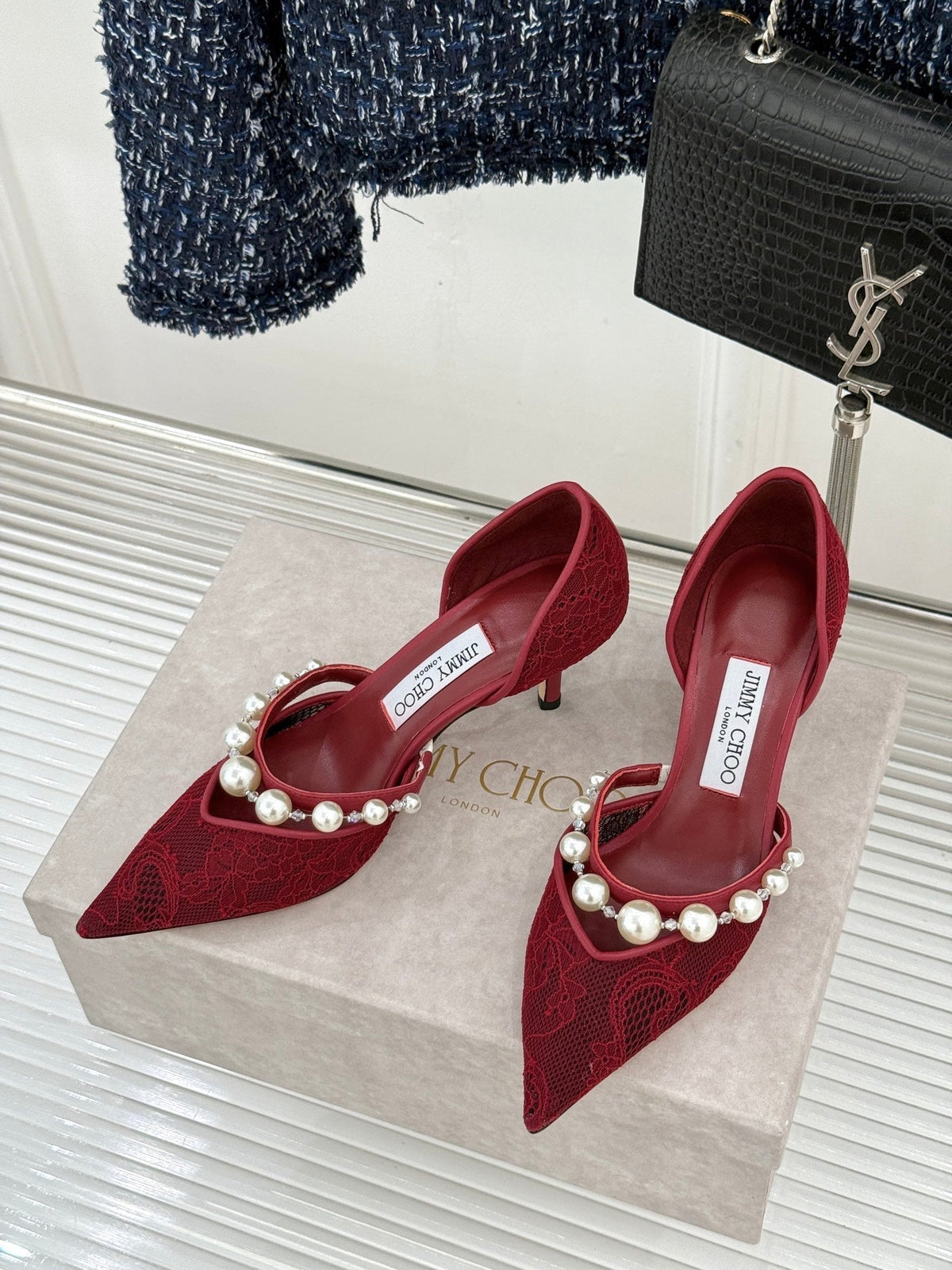 Jimmy Choo 26S High Heels 6.5cm Dark Red Lace Pearl-Embellished 384159
