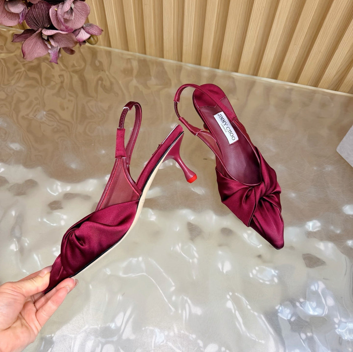 Jimmy Choo 26S Slingback Heels 6.0cm Dark Red Satin With Knot Detail 384192