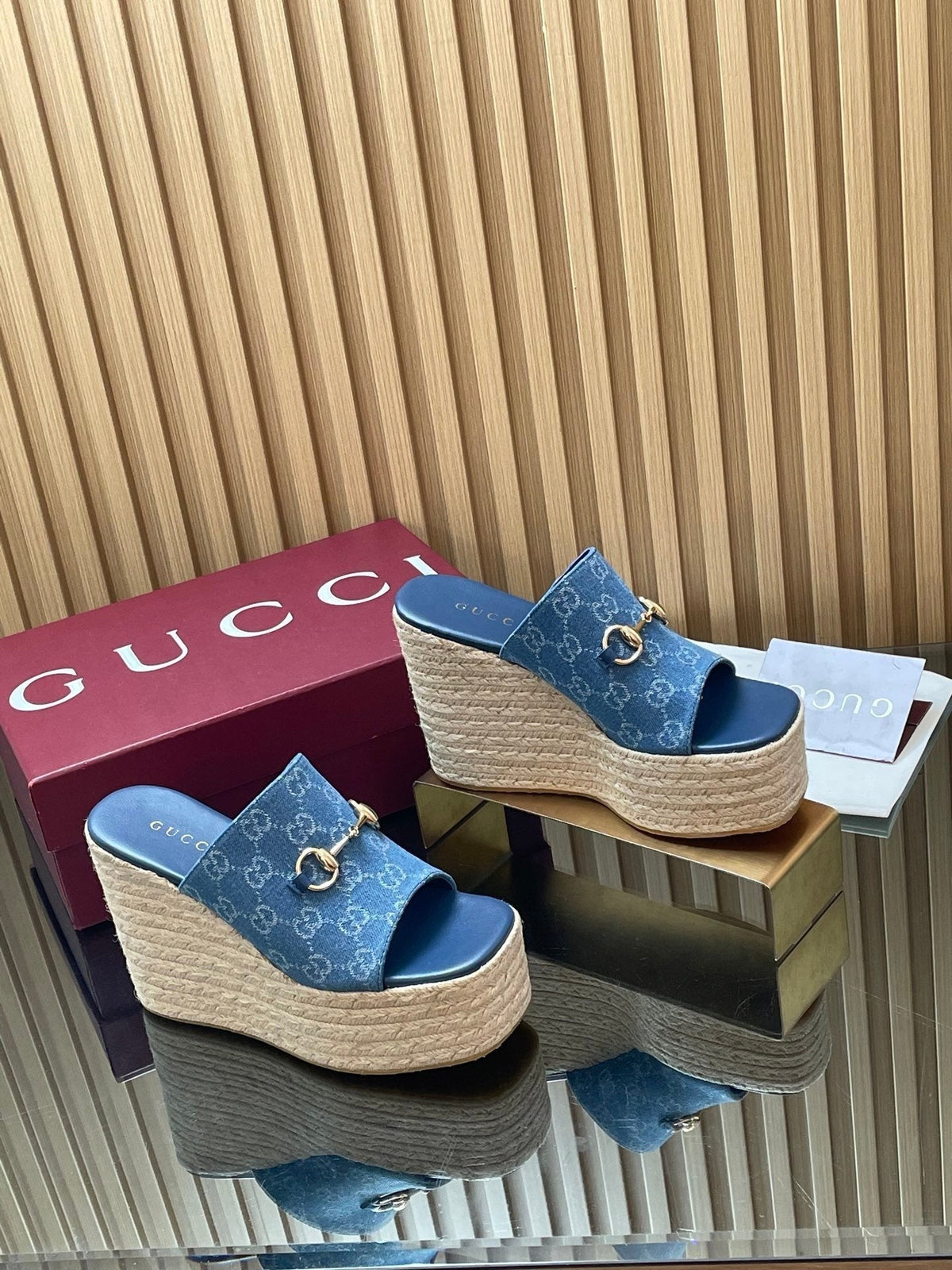 Gucci 26S Wedge Sandals 11Cm In Blue Canvas GG Monogram