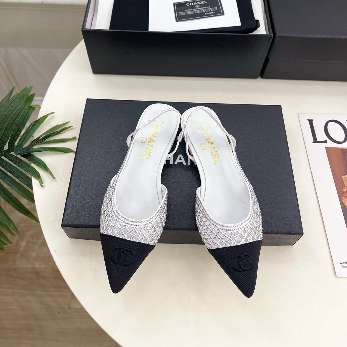 Chanel 26s Flat Pointed Toe Slingback White Mesh Black Toe Cap
