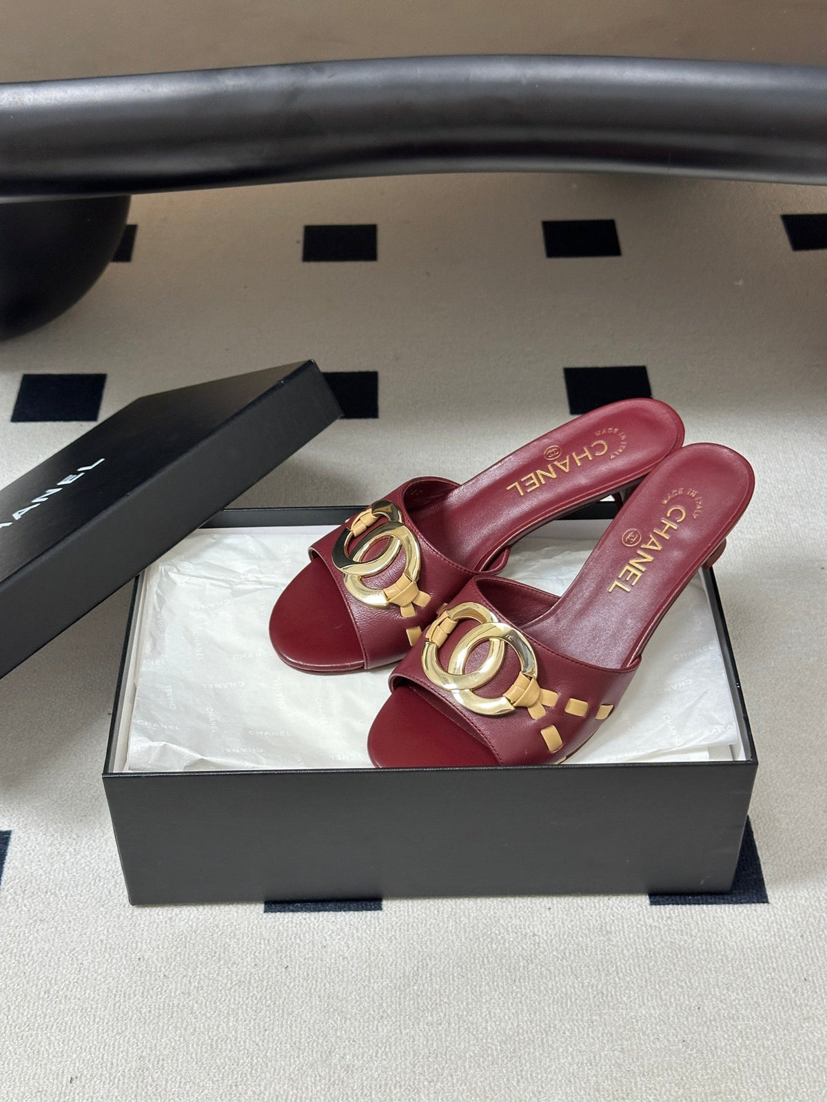 CC 26S High Heel Mule in Red Lambskin with Gold-Tone CC Logo