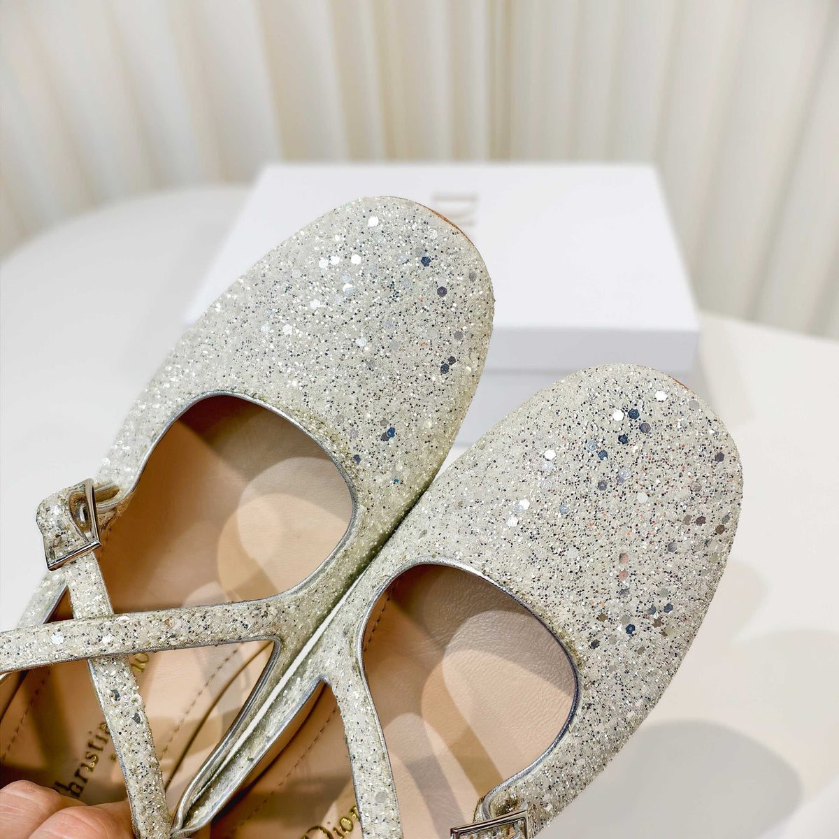 Dior 26s Mary Jane Flats Silver Sequin Embroidered Fabric