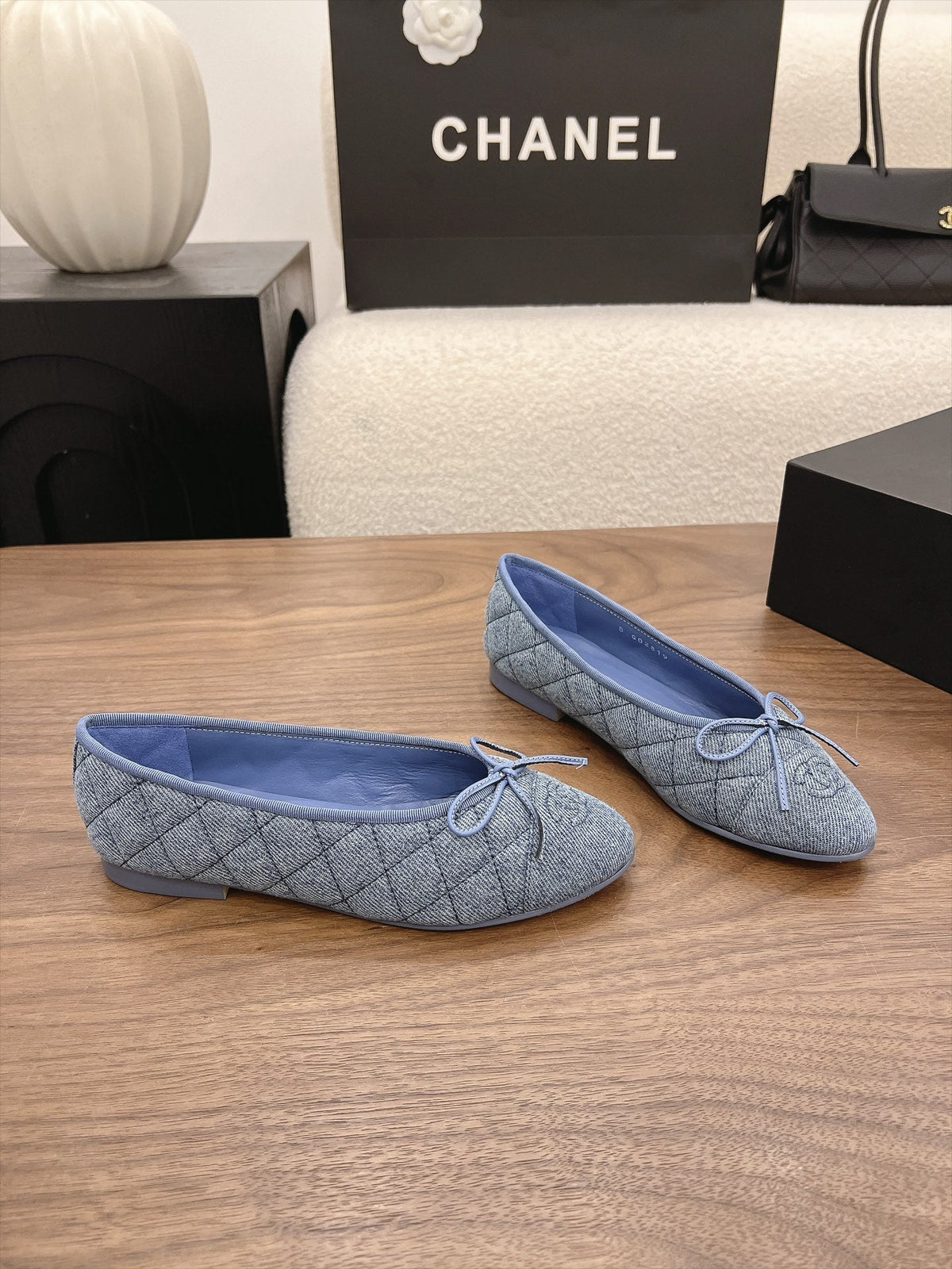 Chanel 26s Ballet Flats Blue Denim CC Logo Bow Detail