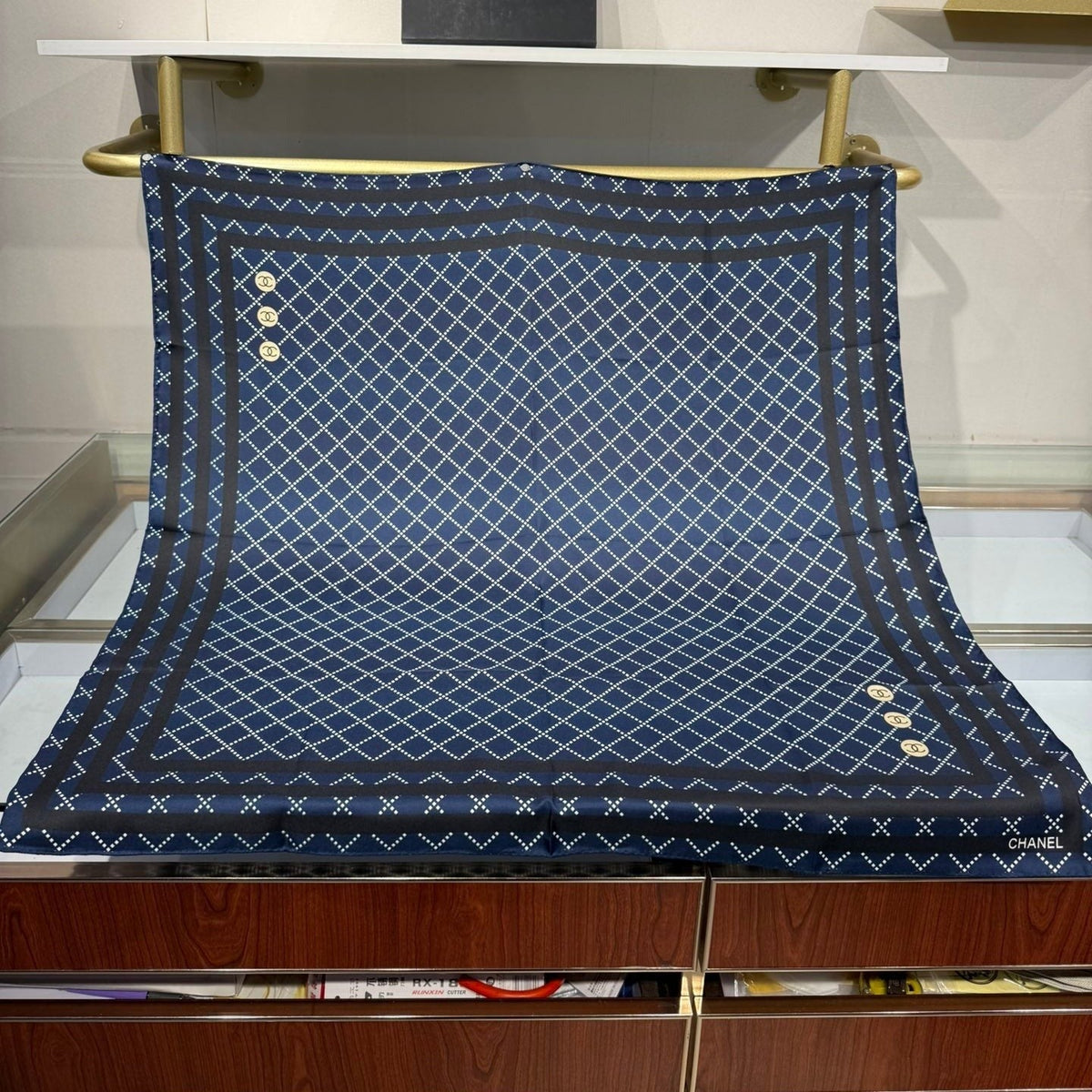 Chanel 2026 Pinstripe Scarf 90cm Navy Blue Silk 198207