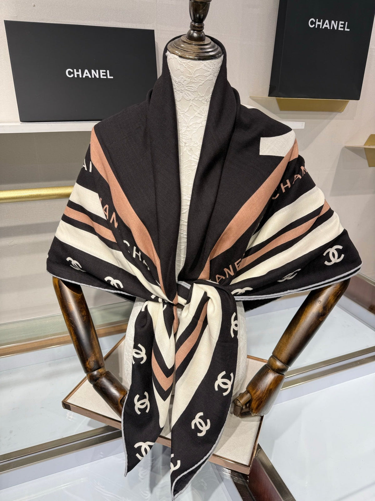 Chanel 2026 CC Logo Square Scarf Black Silk Cashmere 219223