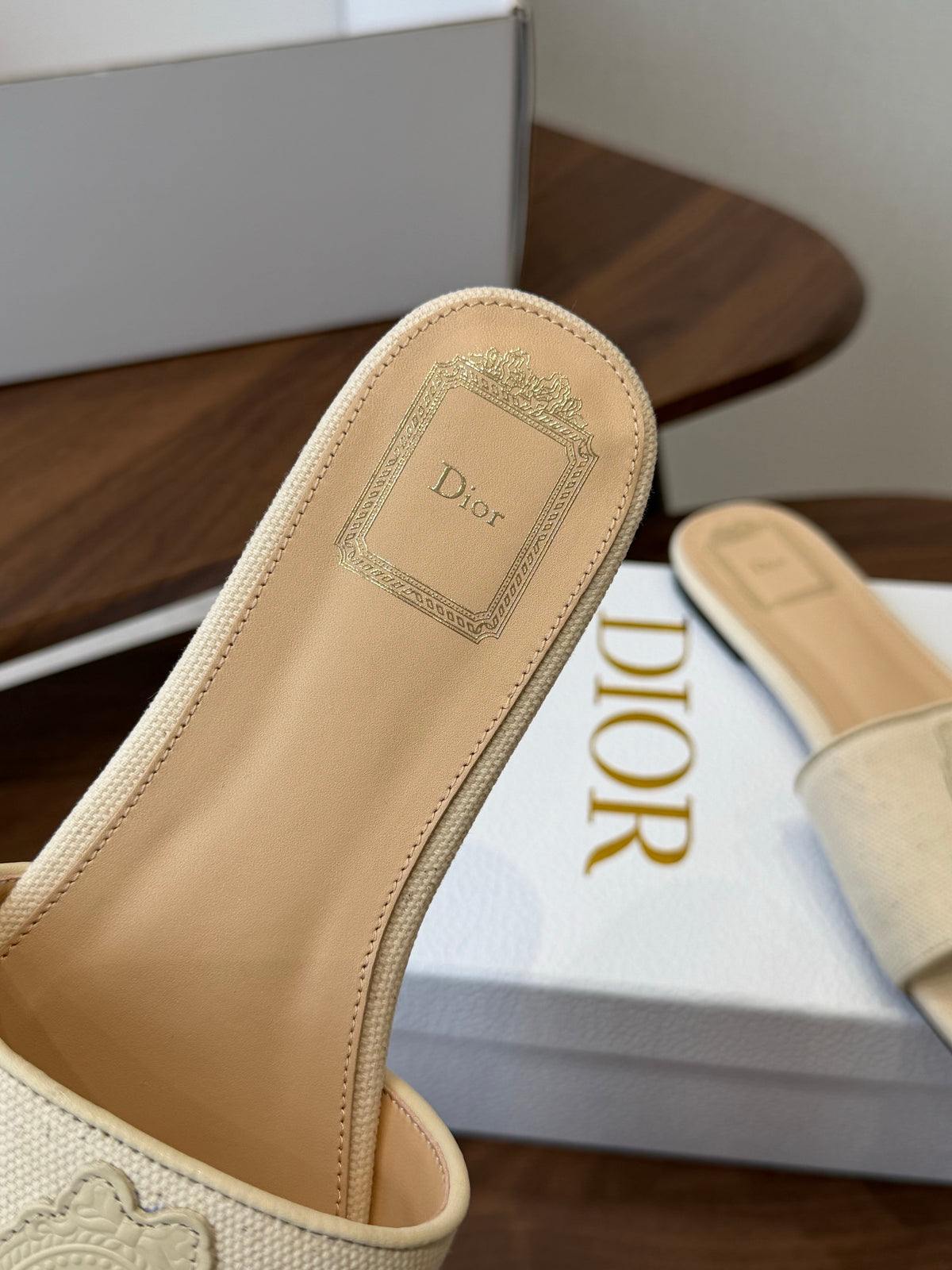 CD 26s D Badge Flat Slide Sandals Ivory White Canvas And Calfskin 294815