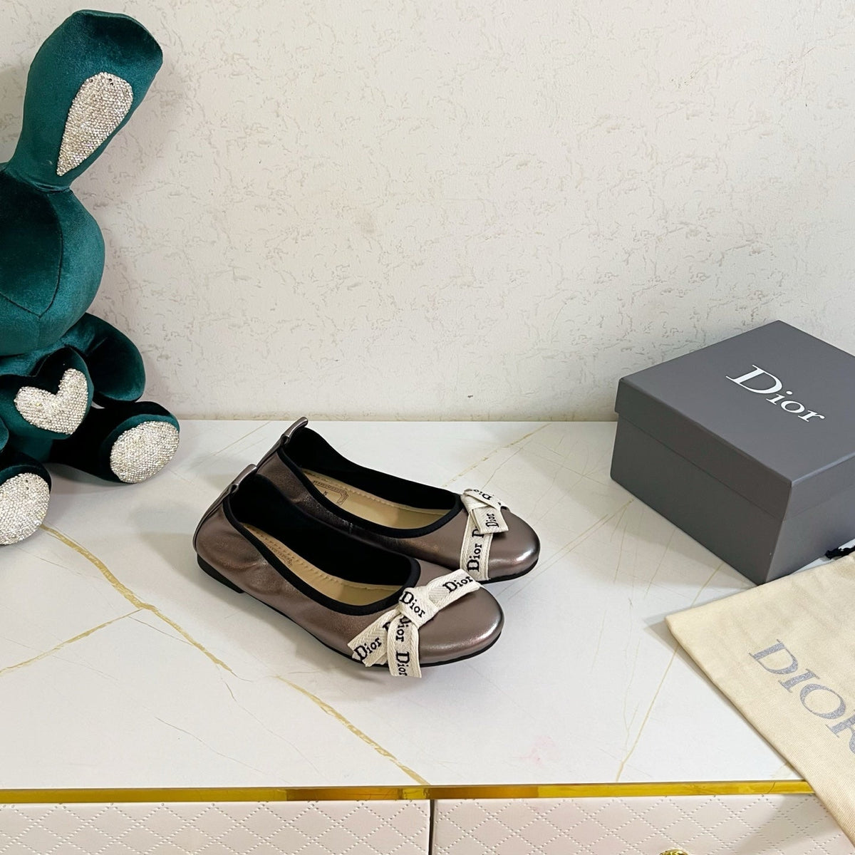 Dior 26s Bow Ballet Flats Taupe Metallic Calfskin