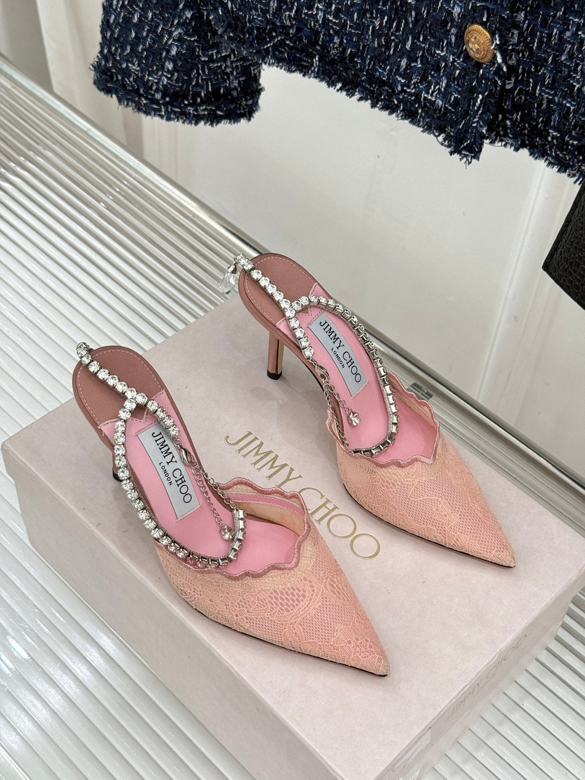 Jimmy Choo 26S Embellished High-Heeled Sandals 8.5cm Ballet Pink Lace 714392